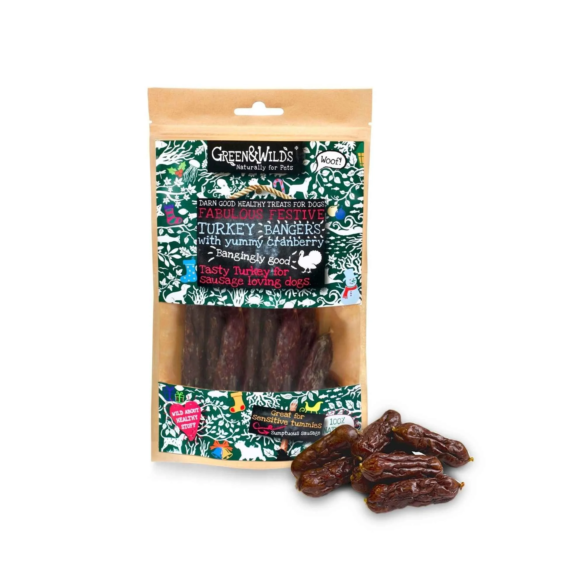 Green & Wild's Festive Turkey Bangers with Yummy Cranberry pouch standing next to a pile of mini sausage treats on a white background.