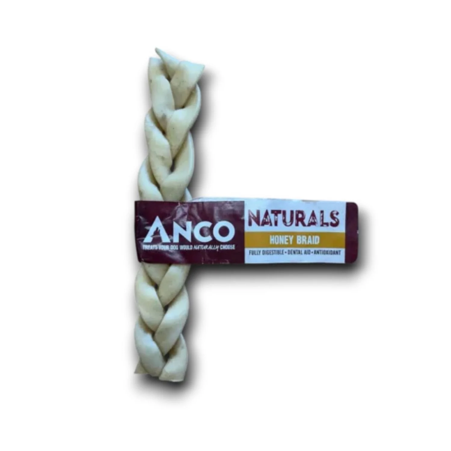 Single light-colored braided dog chew stick with an Anco Naturals Honey Braid paper band around the centre, shown on a white background.