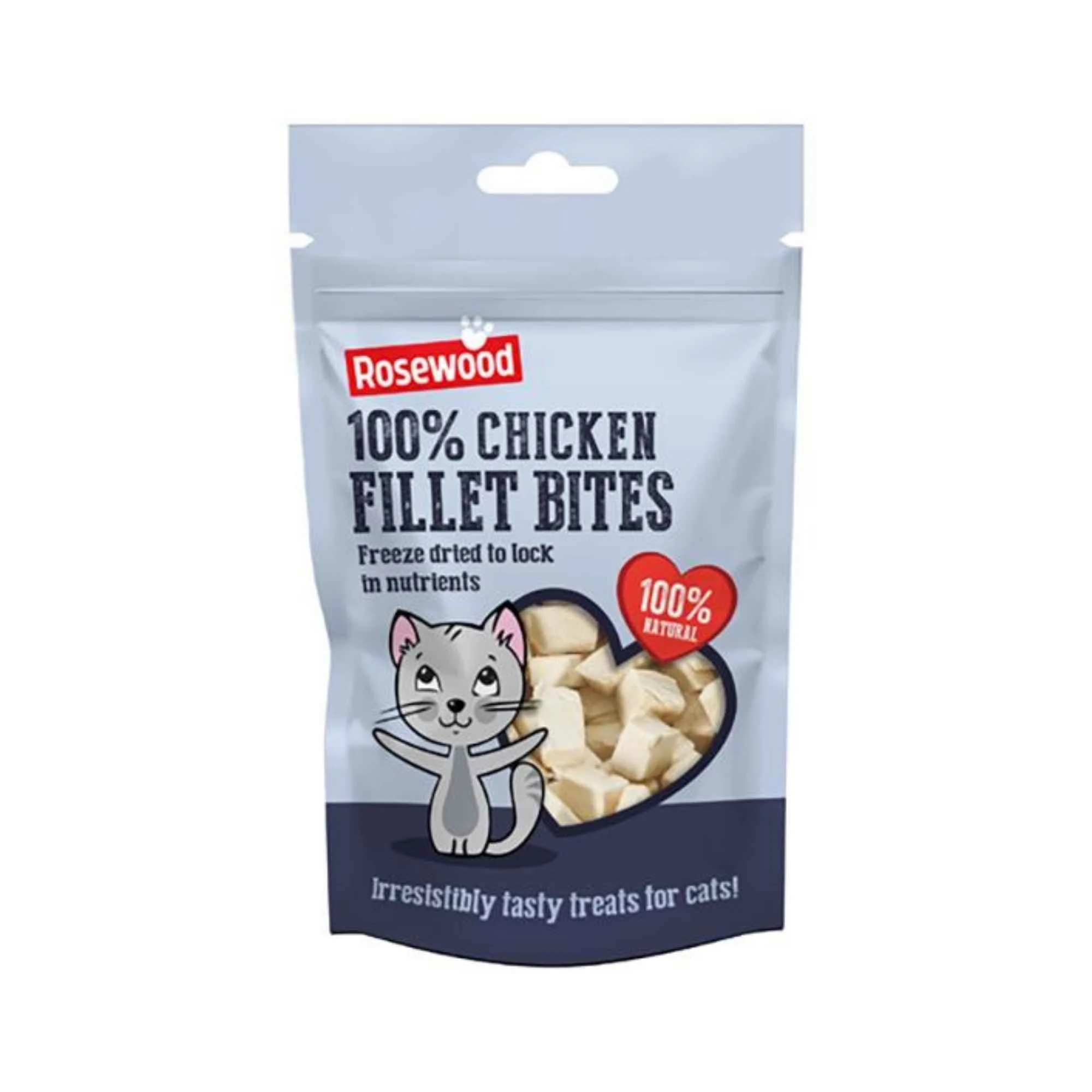 A light blue stand-up pouch labeled "Rosewood 100% Chicken Fillet Bites." It features a cartoon illustration of a grey cat next to a heart-shaped clear window showing the chicken bite treats inside.
