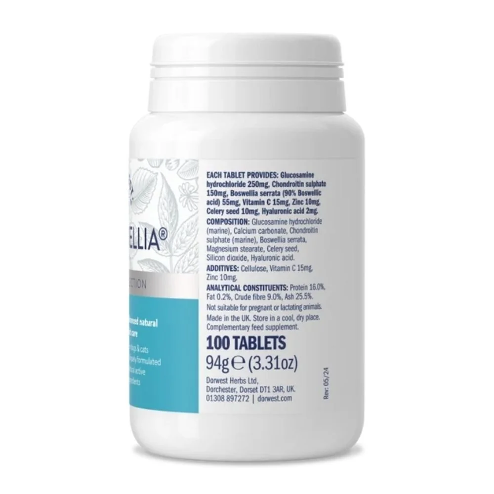 Rear label view of the Dorwest MoveWellia bottle displaying active ingredient measurements per tablet, nutritional composition analysis, and the one hundred tablets pack count.