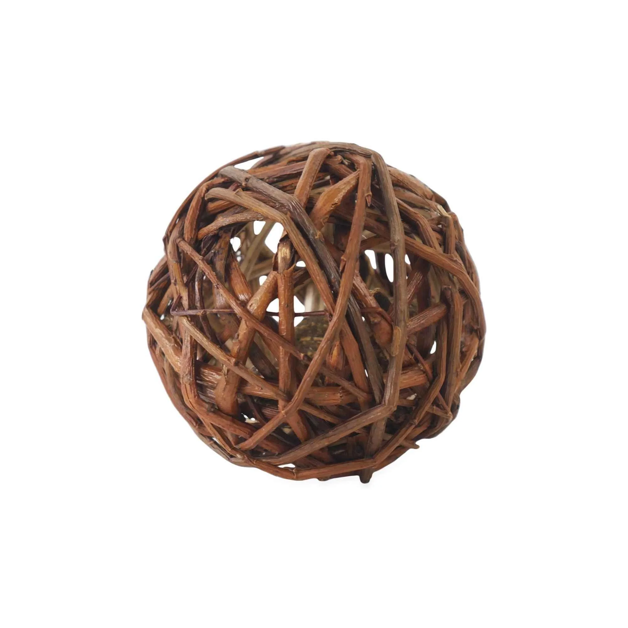 A spherical cat toy woven from natural dark brown willow branches, exposing a hollow interior meant to hold an aromatic catnip core.