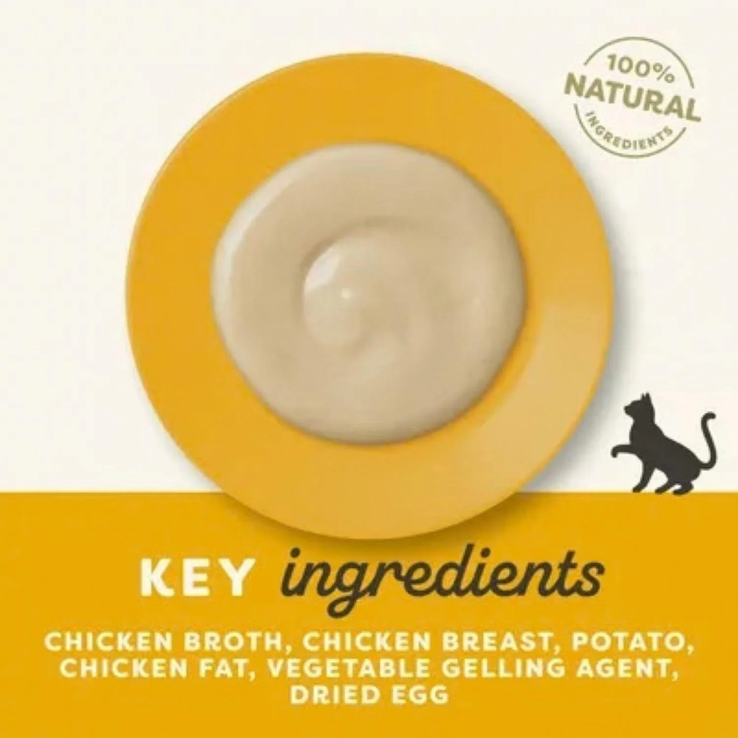 Applaws cat treat in a yellow dish next to a "Key Ingredients" text banner listing chicken broth and chicken breast.