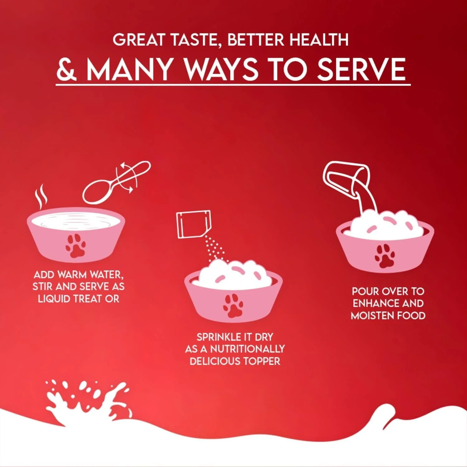 Red promotional graphic showing three serving methods for pet food topper: mix with warm water as a liquid treat, sprinkle dry over food, or pour liquid over food.