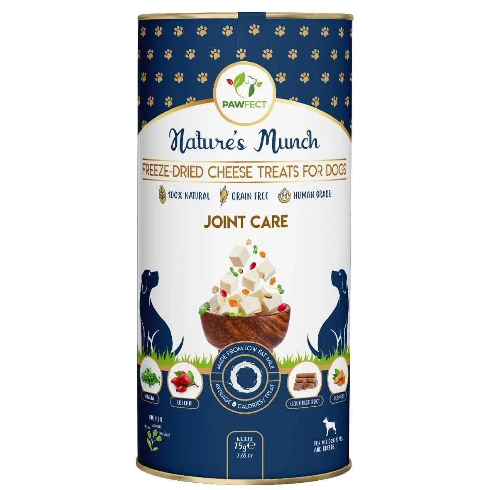 A dark blue tube of Pawfect Nature's Munch Joint Care functional freeze-dried cottage cheese dog treats.