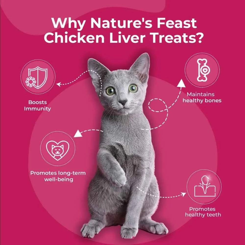 A grey cat next to graphic callouts detailing immunity boost, healthy bones, long-term well-being, and healthy heart.
