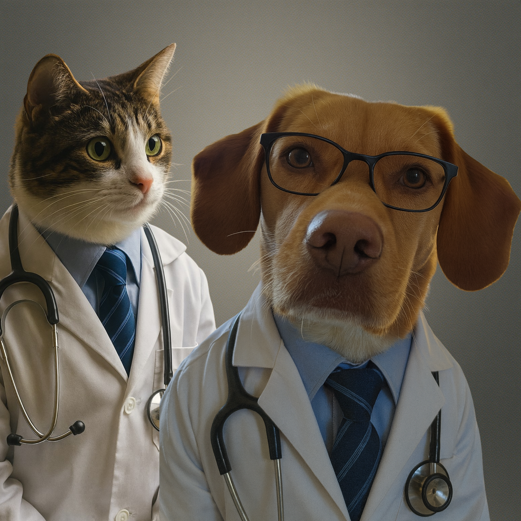 AI aided image of dog and cat dressed as vets