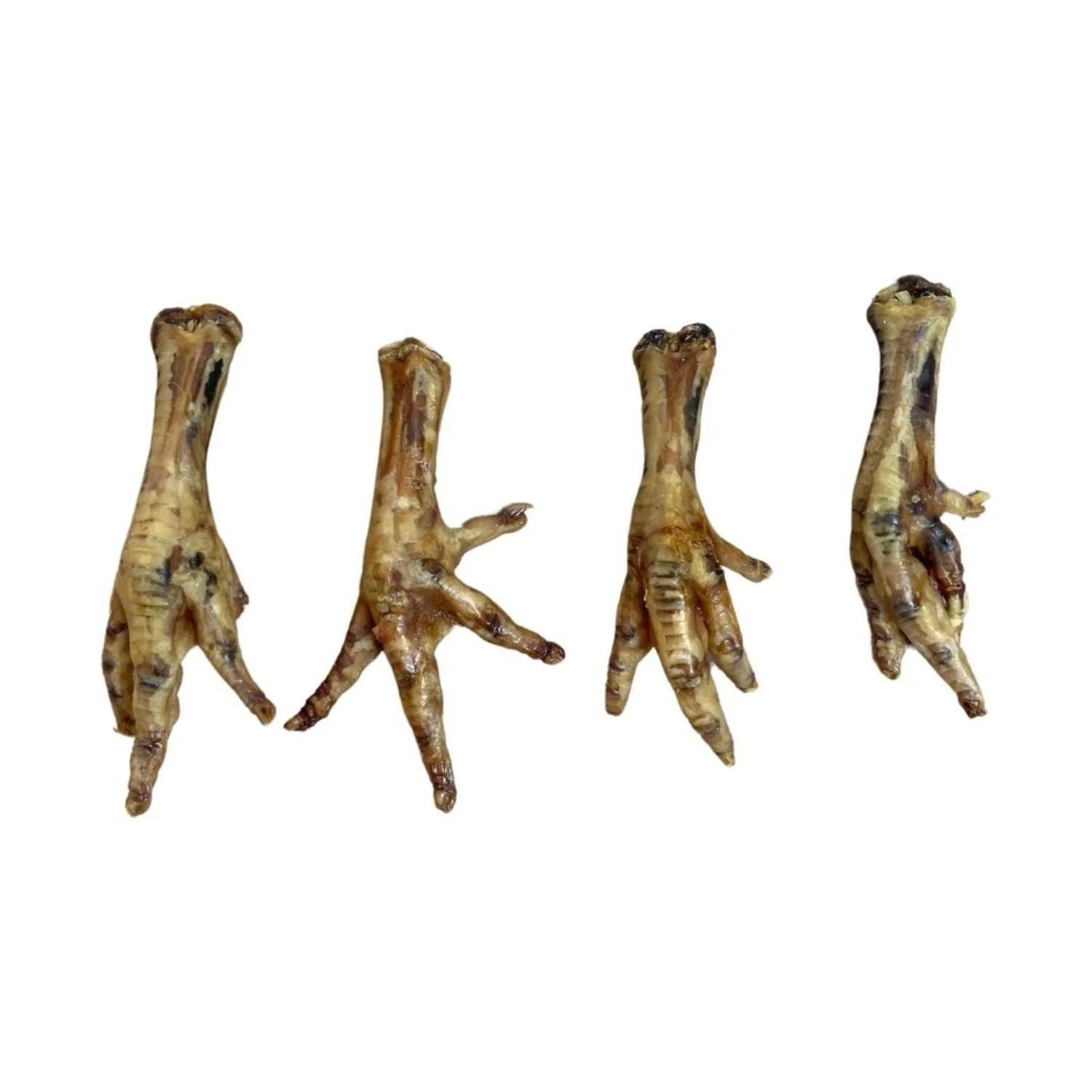 Four Paddock Farm air-dried chicken feet dog treats lined up against a plain white background