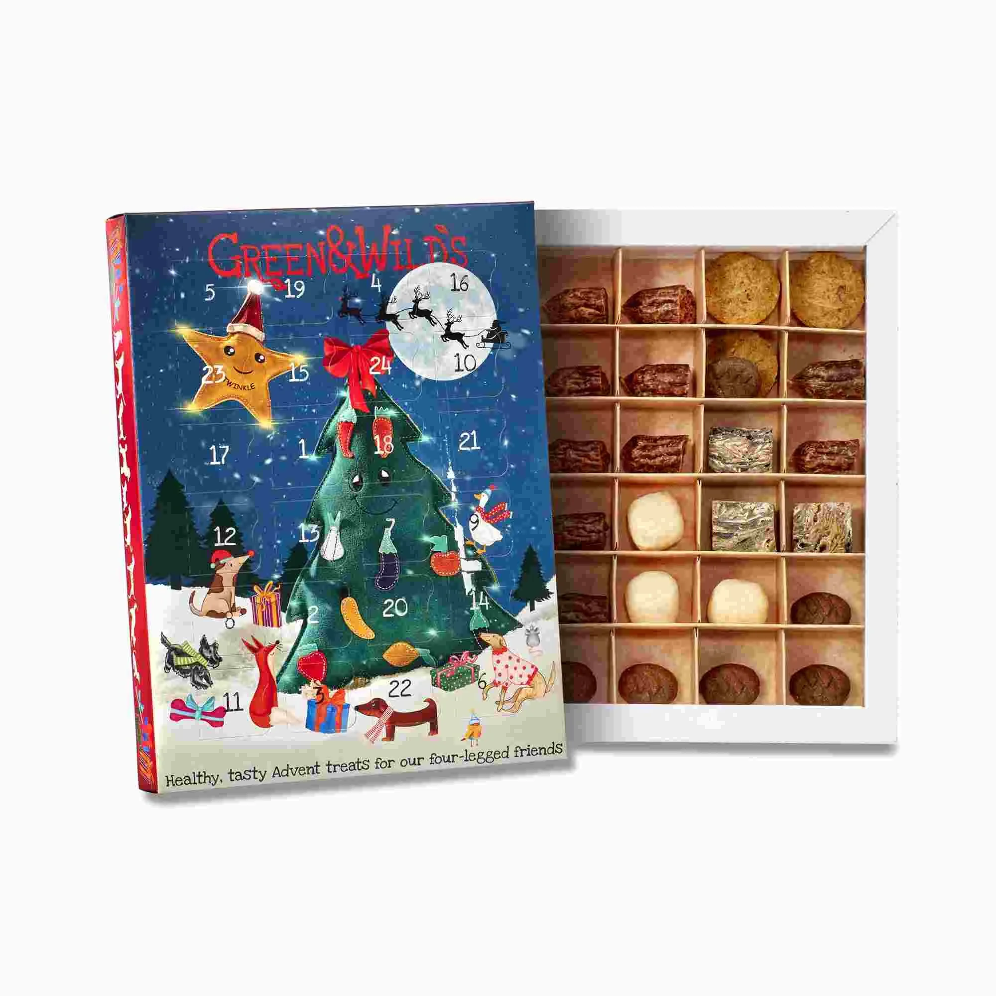 The Green & Wild's Dog Advent Calendar shown open next to its inner tray filled with a variety of natural dog treats.