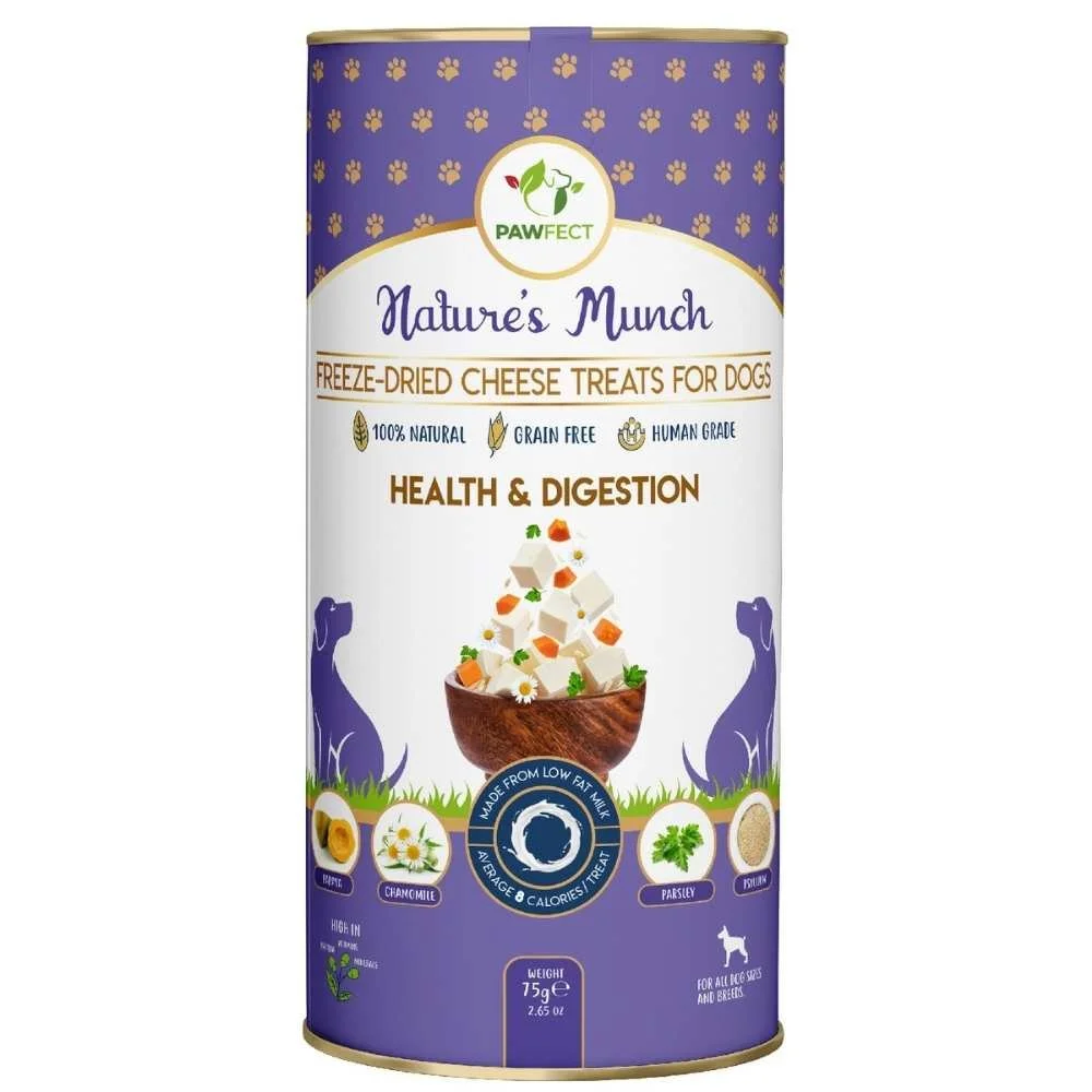 A purple tube of Pawfect Nature's Munch Health and Digestion functional freeze-dried cottage cheese dog treats.