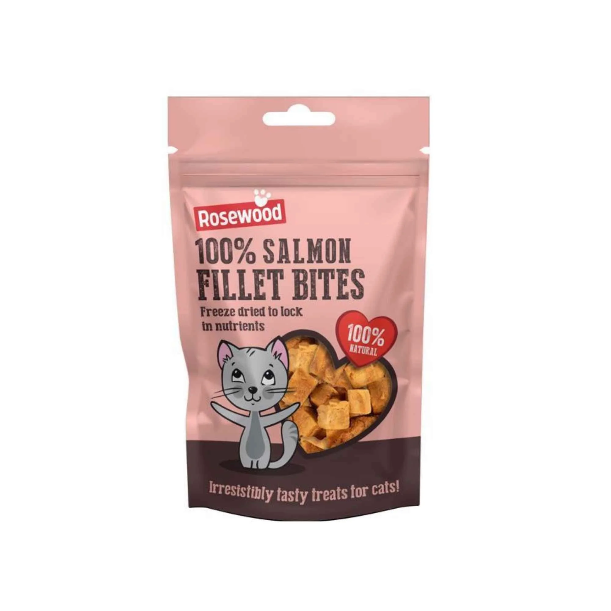 A pink stand-up pouch labeled "Rosewood 100% Salmon Fillet Bites." It features a cartoon illustration of a grey cat next to a heart-shaped clear window showing the salmon bite treats inside.