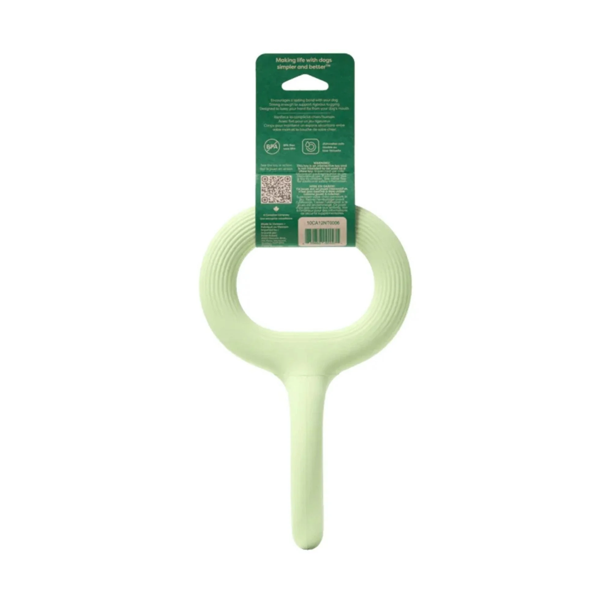 Reverse side of packaged Earth Rated green rubber dog toy showing barcode and product info.