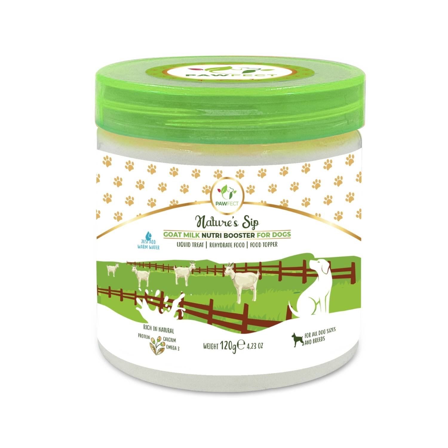 Clear plastic tub with a green lid containing Nature's Sip Goat's Milk powder for pets, shown on a white background.
