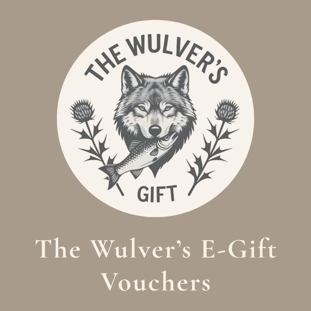 The Wulver's Gift circular logo centred on a muted taupe background with cream text reading The Wulver's E-Gift Vouchers.