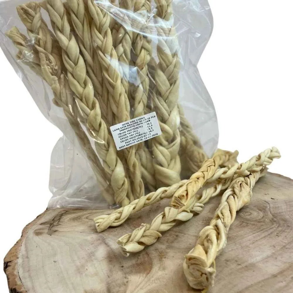 Paddock Farm braided lamb skin dog treats packed in a clear wholesale bag.