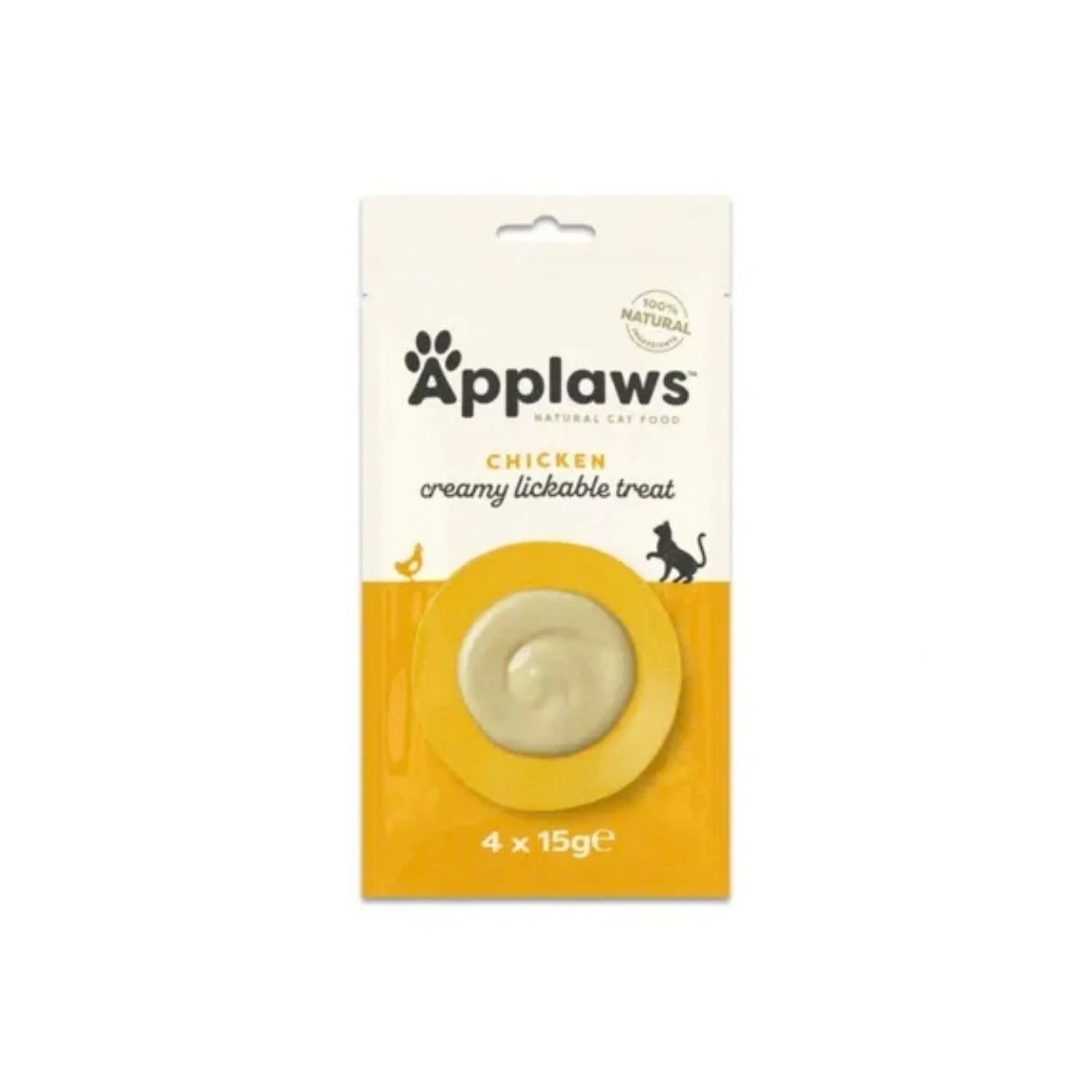 Applaws Creamy Lickable Treat cat food packaging, featuring a white top half with the brand logo and a yellow bottom half showing a round dollop of the smooth treat.