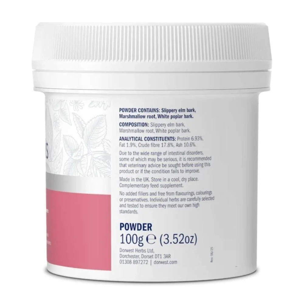 Side view of the Dorwest Tree Barks Powder packaging displaying the herbal composition, 100g weight specification, and product details.