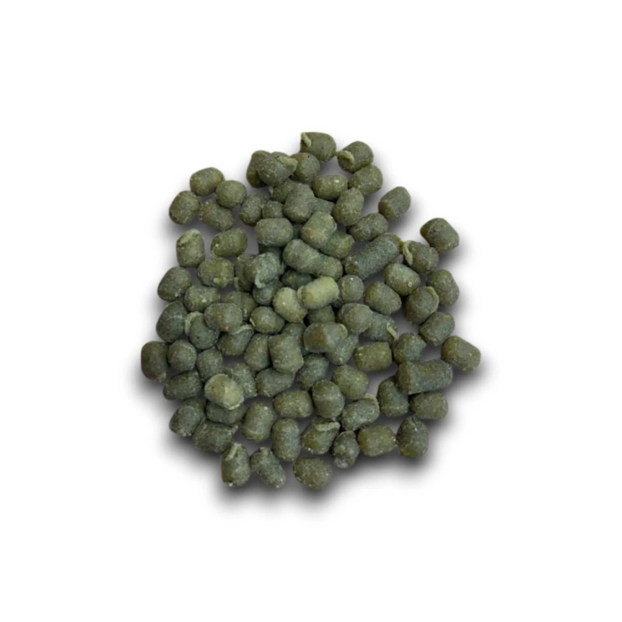 Top-down view of a small pile of round, green-toned salmon dog treat nibbles on a white background.