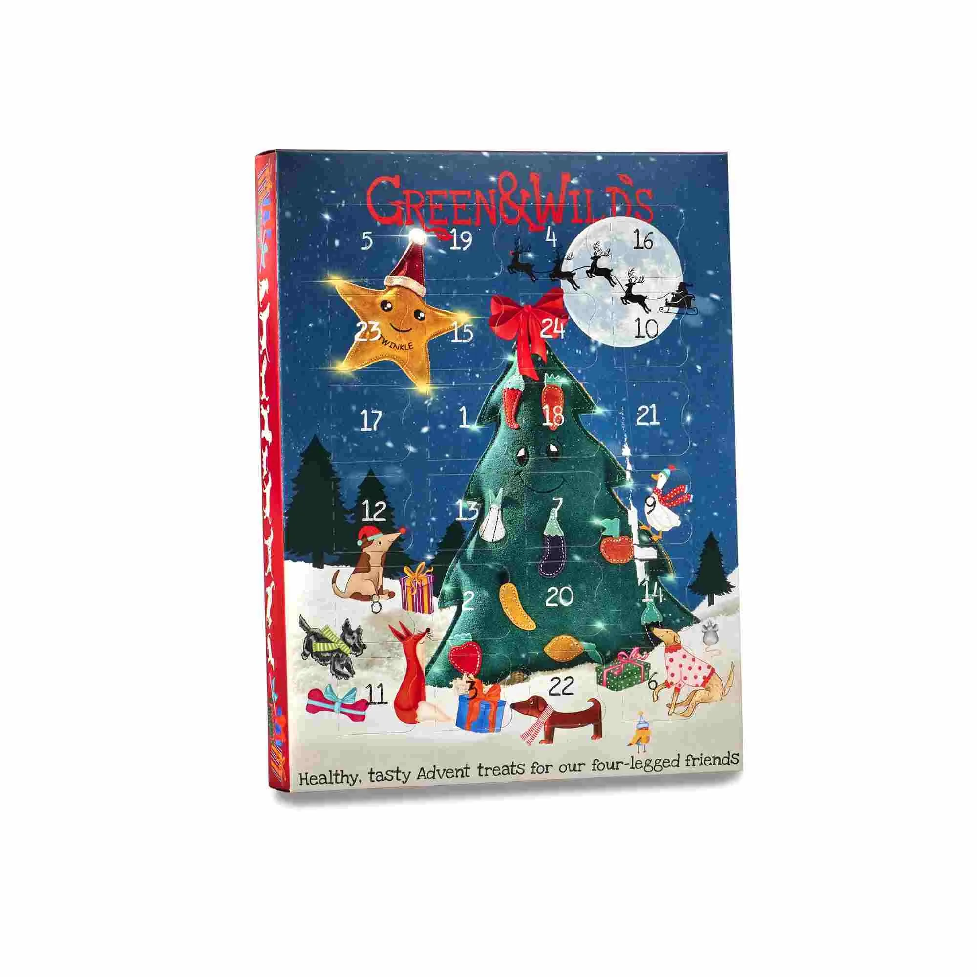 A closed Green & Wild's Dog Advent Calendar featuring a festive illustration of forest animals decorating a Christmas tree.
