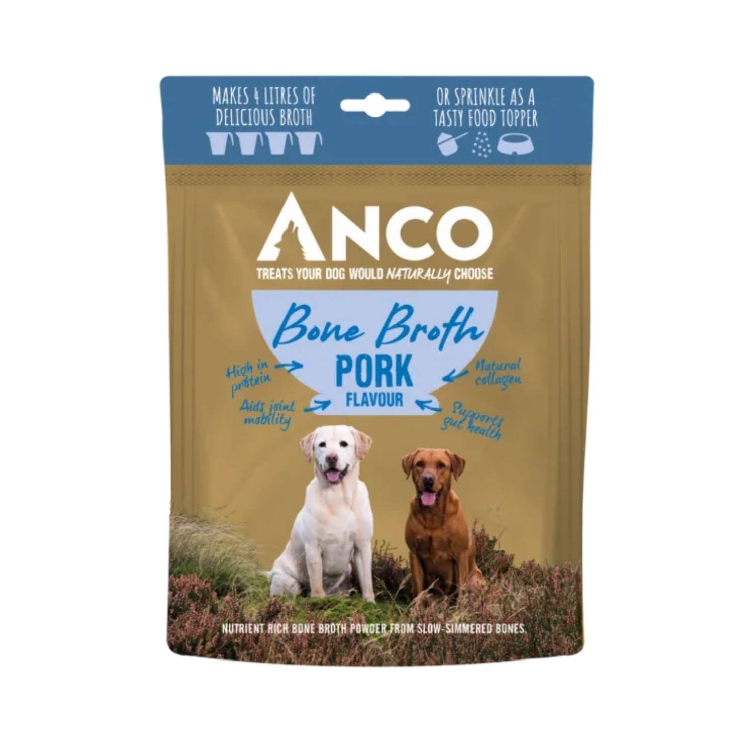 Stand-up pouch of Anco Pork Bone Broth powder for dogs with a blue top header band on a white background.