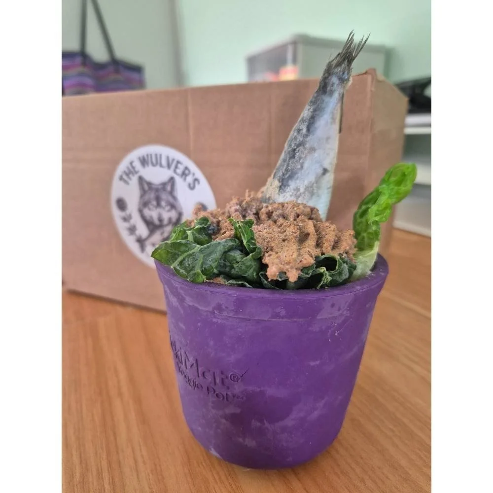 A prepared purple LickiMat Yoggie Pot filled to the brim with wet food and healthy dog treats.