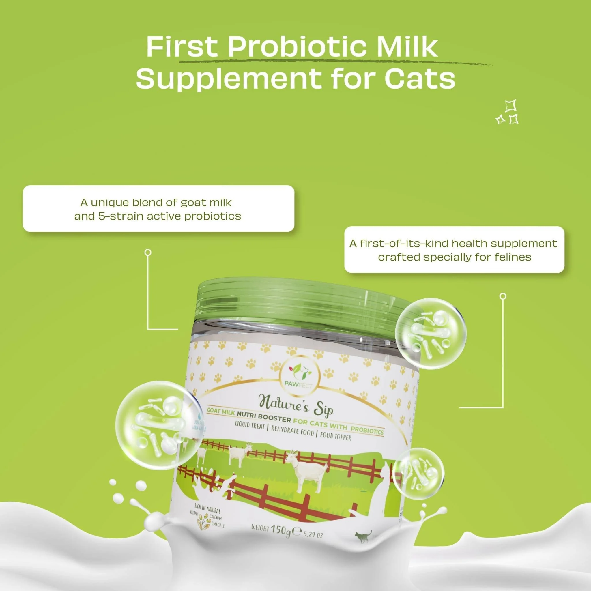 Infographic for Pawfect Nature’s Sip Goat Milk Nutri-Booster for Cats showing a 150g tub splashing in milk with bubbles highlighting 5-strain active probiotics