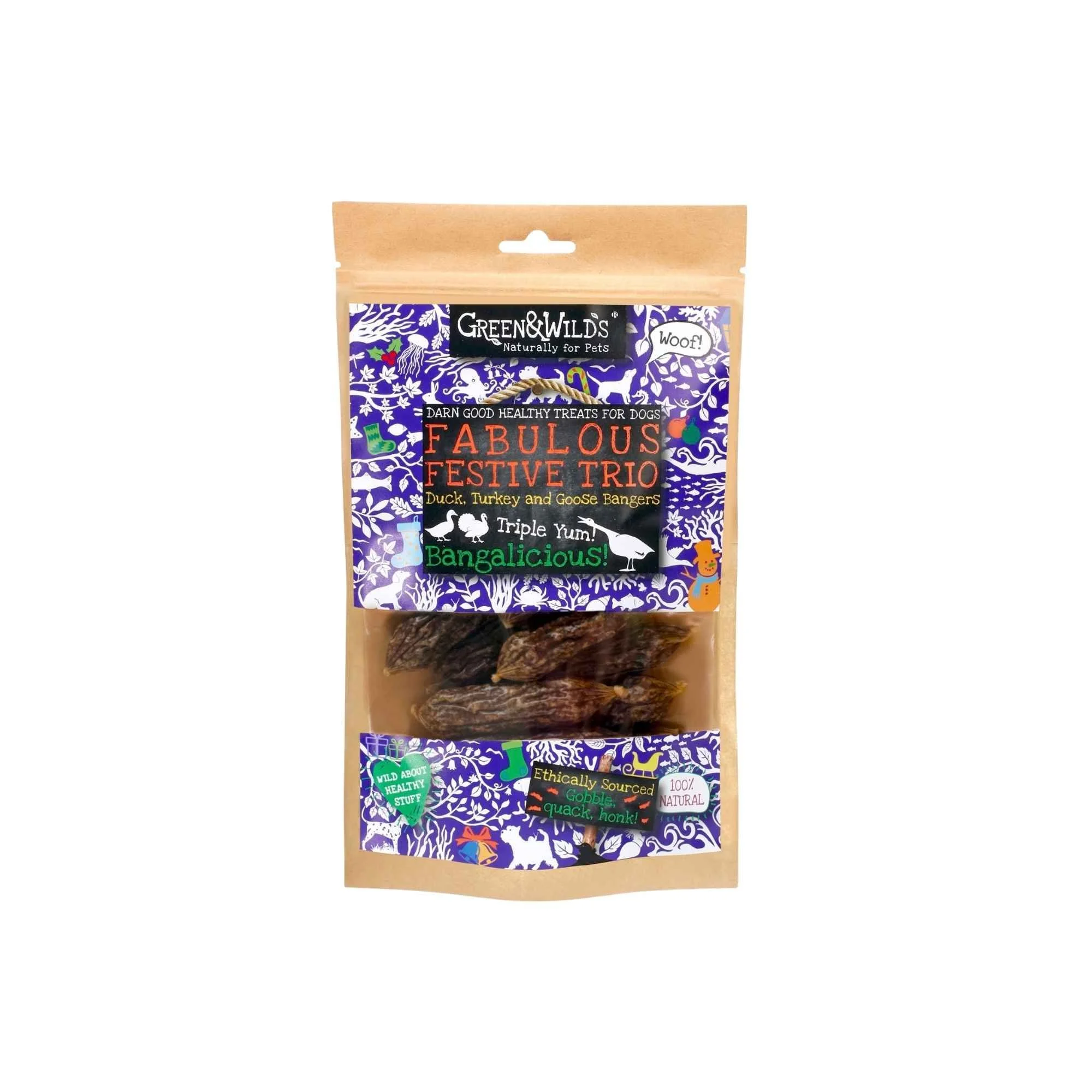 Resealable kraft paper pouch of Green & Wild's Fabulous Festive Trio Dog Sausages with purple festive packaging, shown against a plain white background.