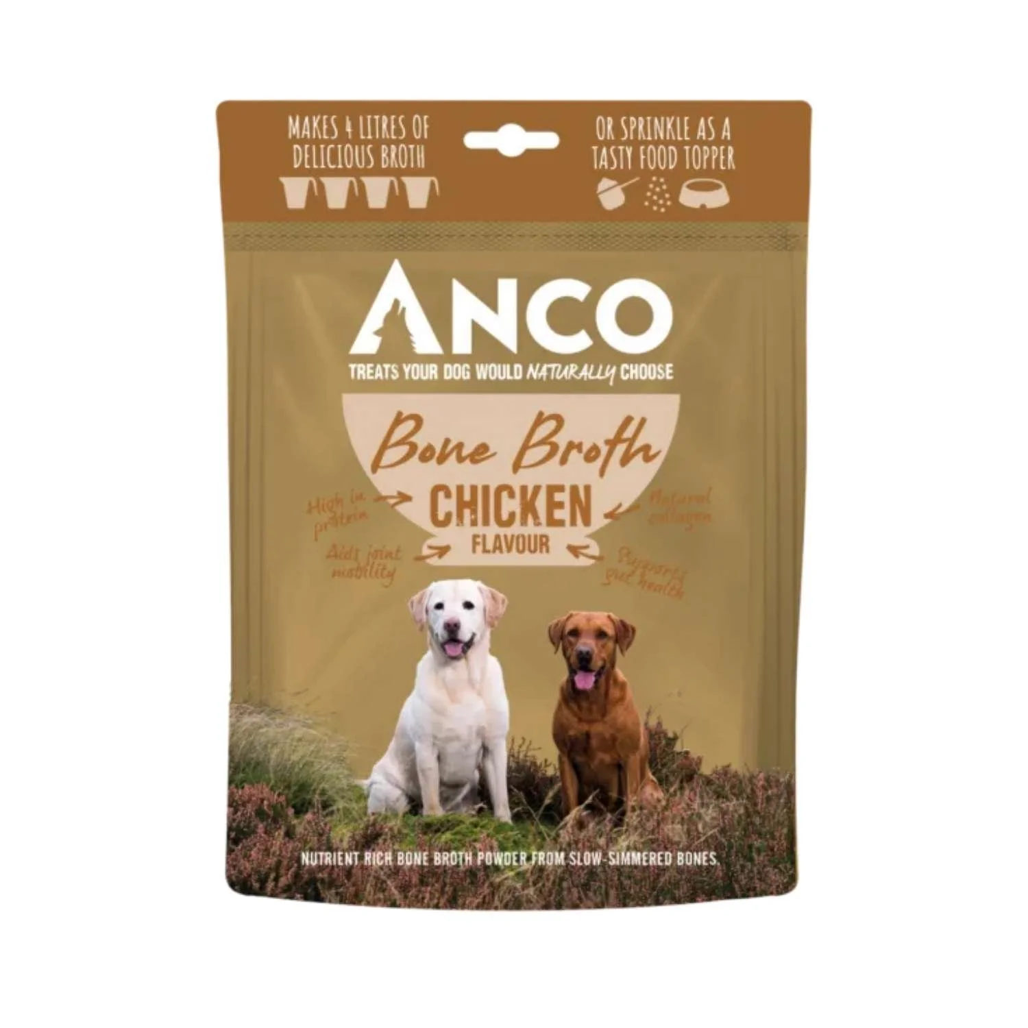 Resealable pouch of Anco Chicken Bone Broth powder for dogs with a brown header band and two dogs on the front.