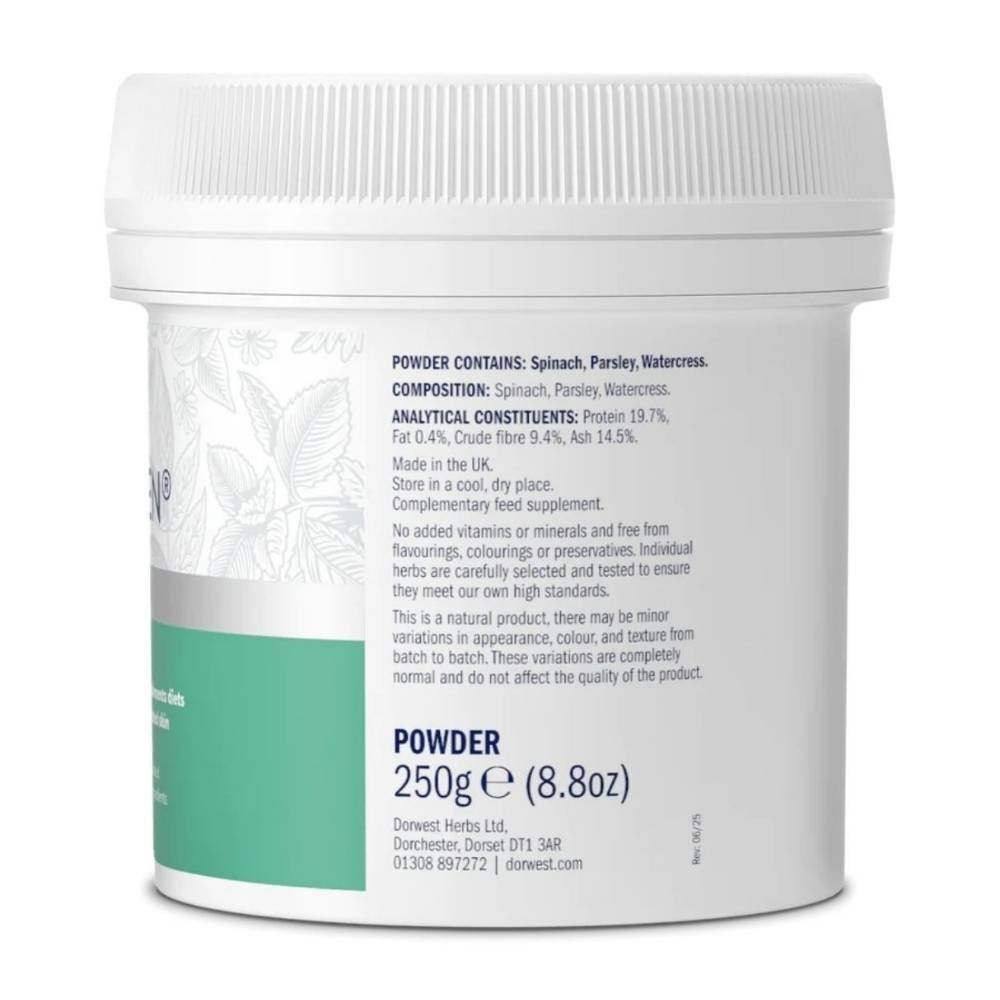 Side view of the Dorwest Easy-Green tub displaying the herbal composition, analytical constituents, and 250g weight specification.