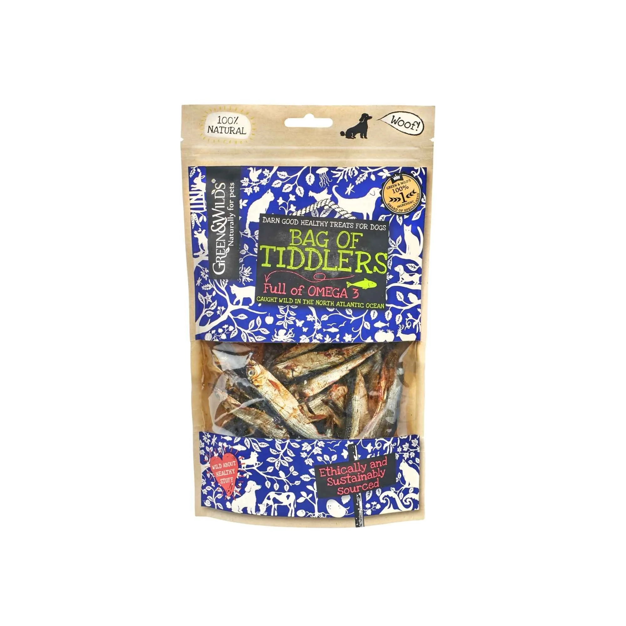 Resealable kraft paper pouch of Green & Wild's Bag of Tiddlers dried small fish dog treats with blue patterned packaging, shown on a white background.