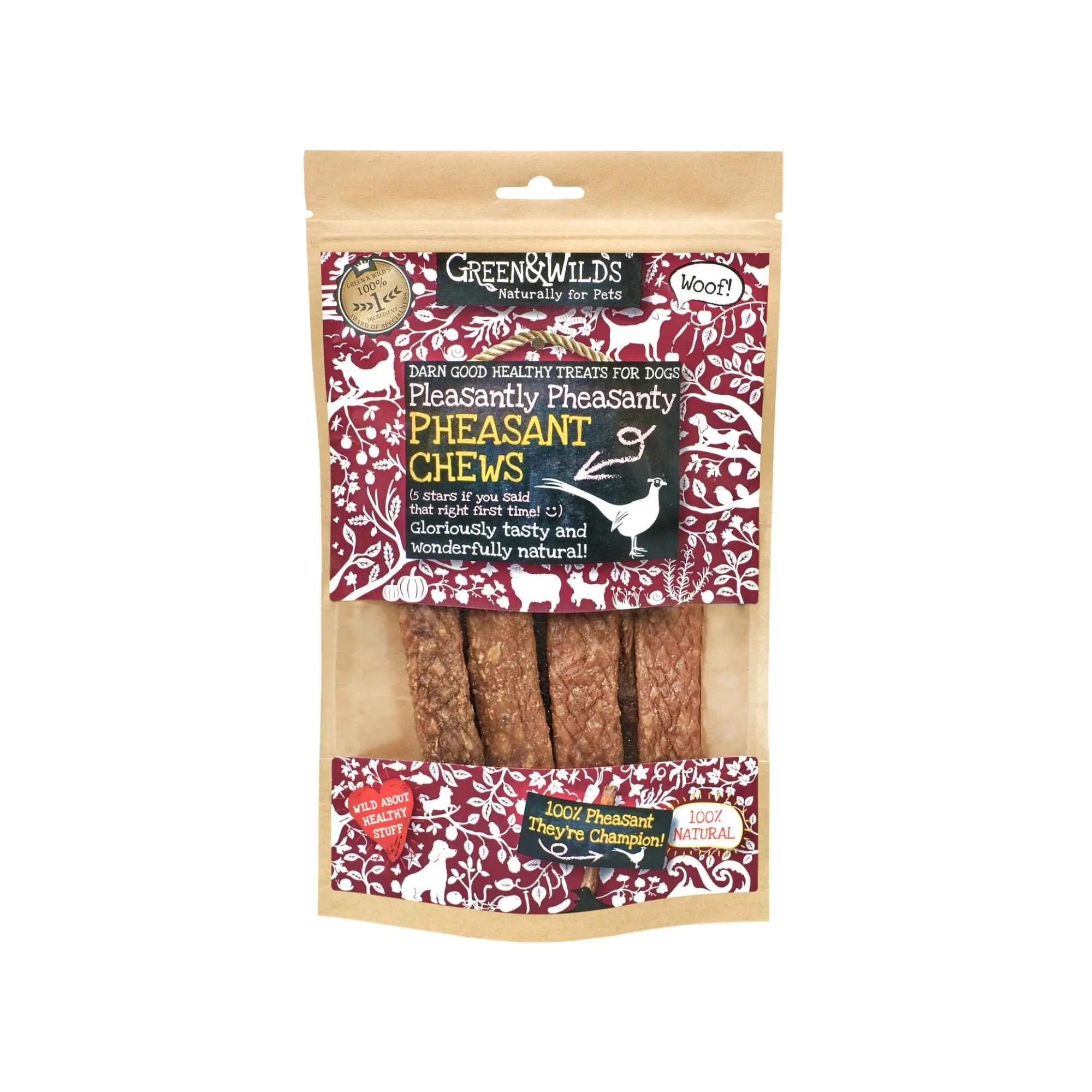 Front of a resealable kraft paper pouch of Green & Wild's Pheasant Chews natural dog treats, isolated on a white background.