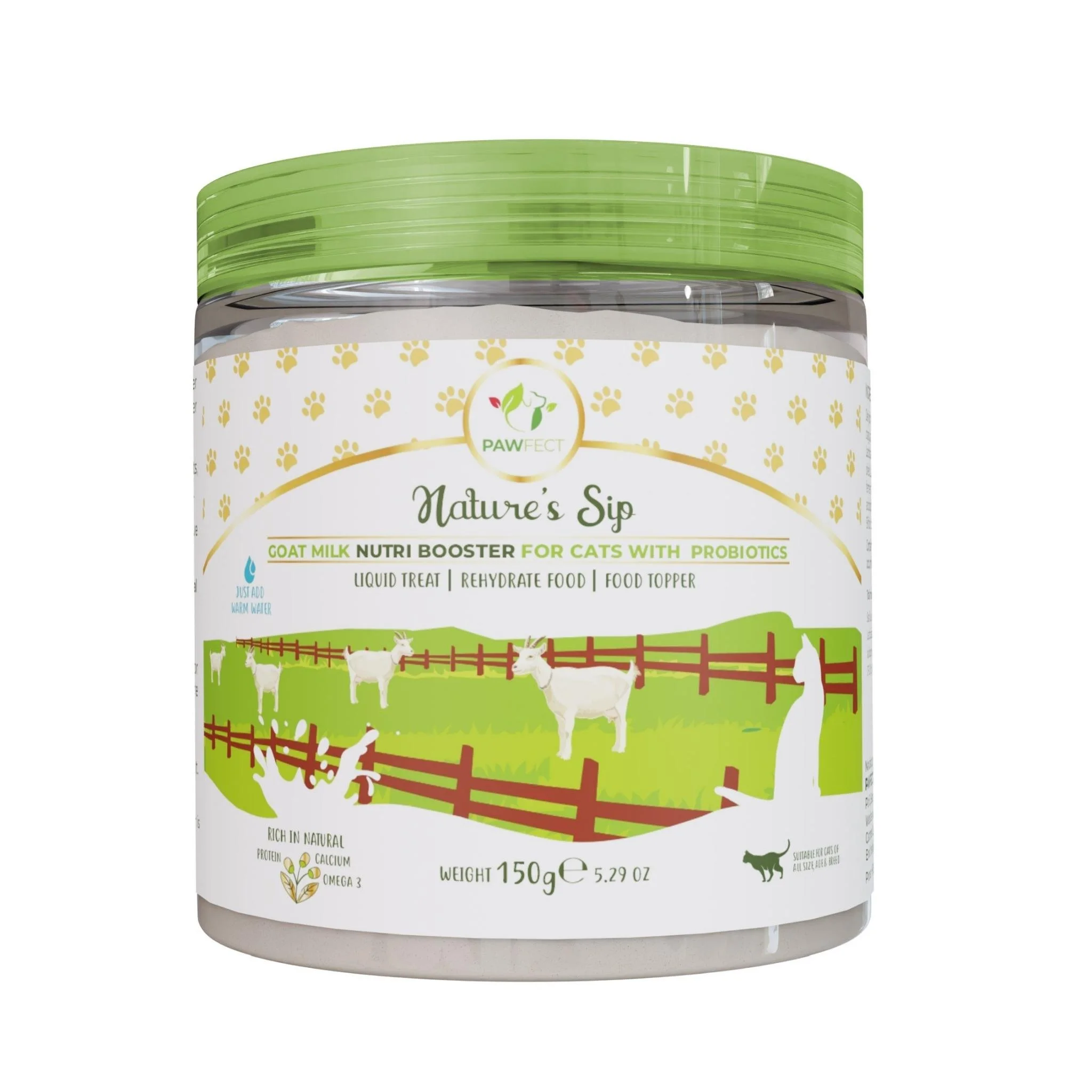 Pawfect Nature’s Sip Goat Milk Powder for Cats, Daily Wellness Support formula with 5 probiotic strains in a 150g tub with green lid