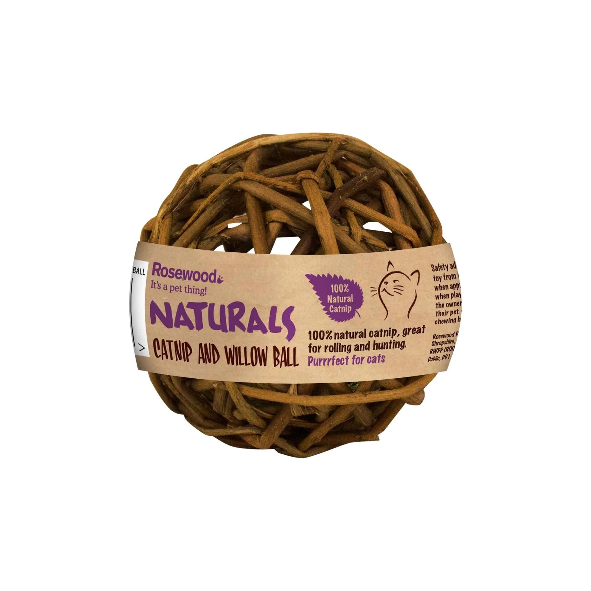 Rosewood Naturals Catnip and Willow Ball cat toy, featuring a round woven willow twig ball with a central tan paper label band displaying the purple "NATURALS" brand logo