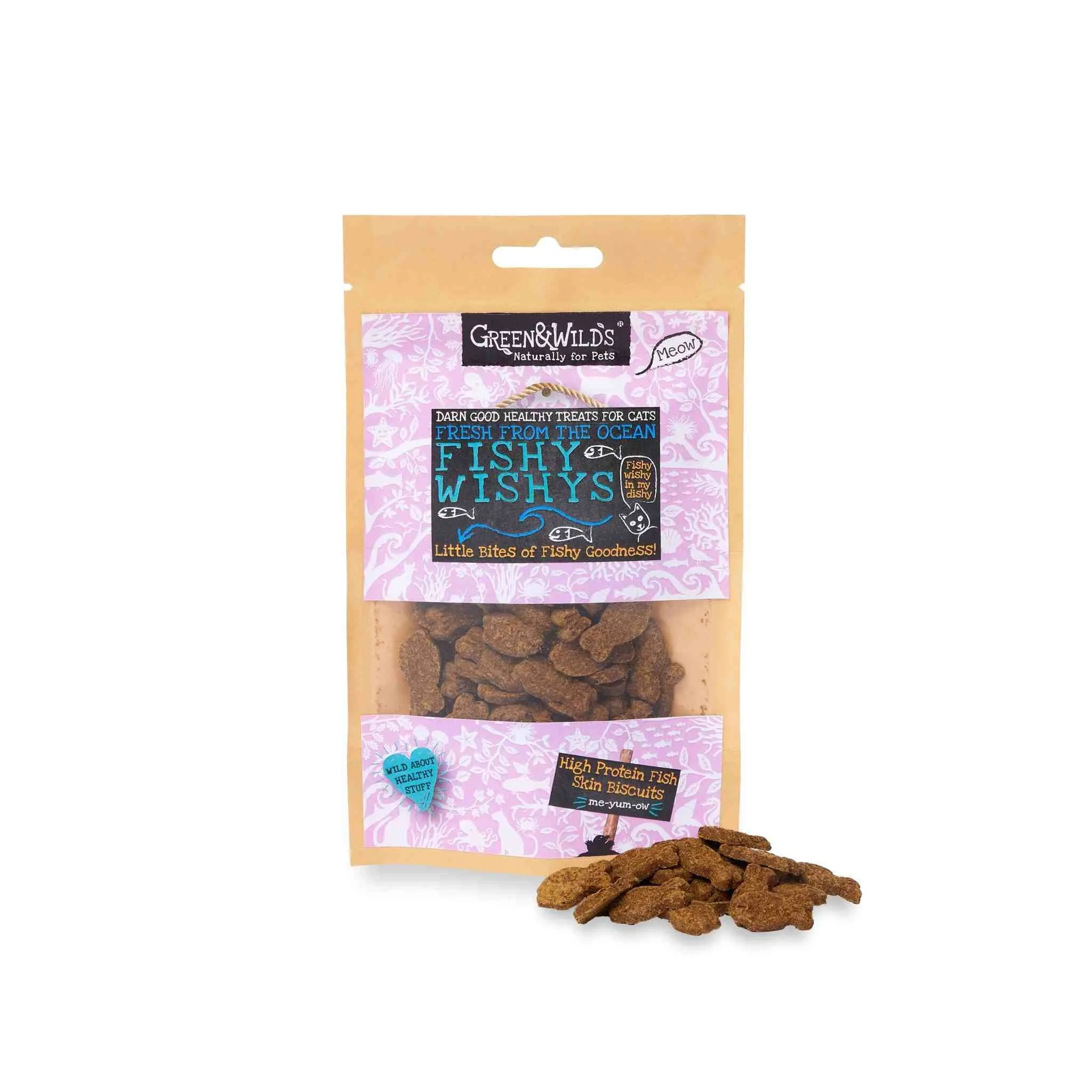 A standing brown kraft paper pouch of Green & Wild's Fishy Wishys Cat Treats with a small pile of crunchy, fish-shaped biscuits spilled out in front of it.