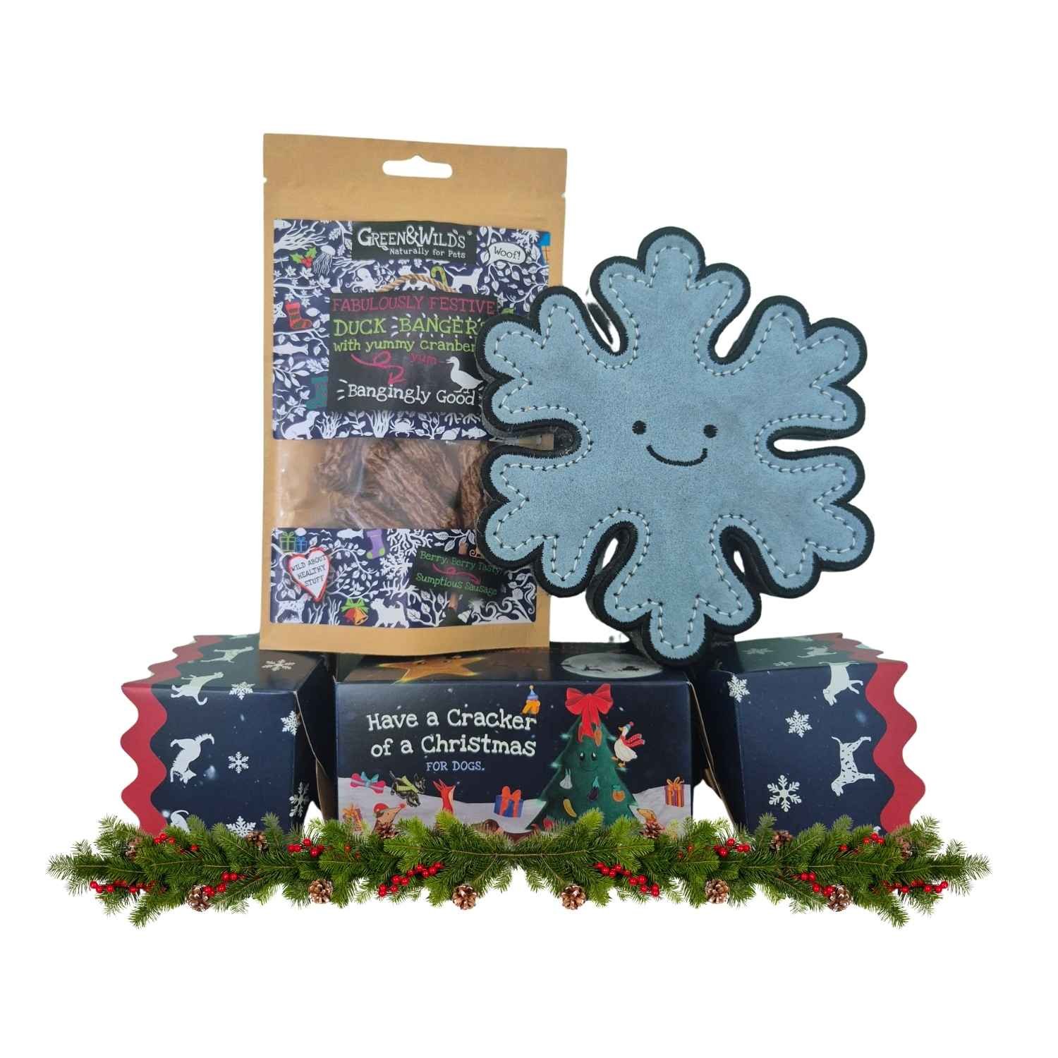 Green & Wild's Festive Duck Bangers pouch and a Christmas cracker with a blue Aurora Paws eco suede snowflake dog toy framed by holiday foliage.
