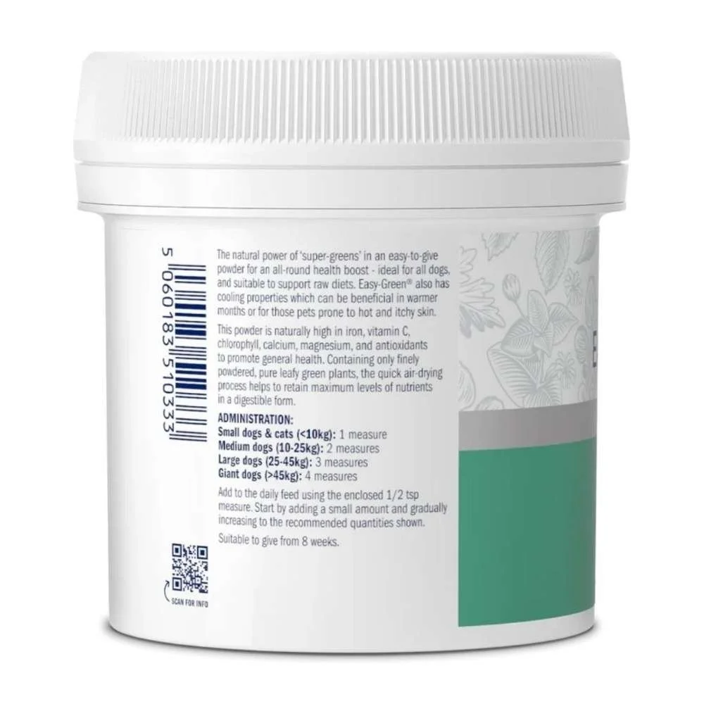 Rear label view of the Dorwest Easy-Green tub showing the daily scoop instructions, barcode, and product information.