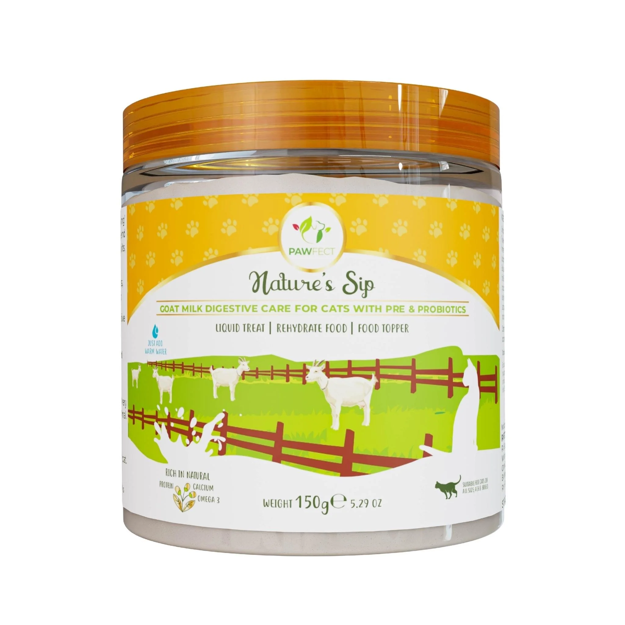 Pawfect Nature’s Sip Goat Milk Powder for Cats, Digestive Support formula with prebiotics and probiotics in a 150g tub with orange lid