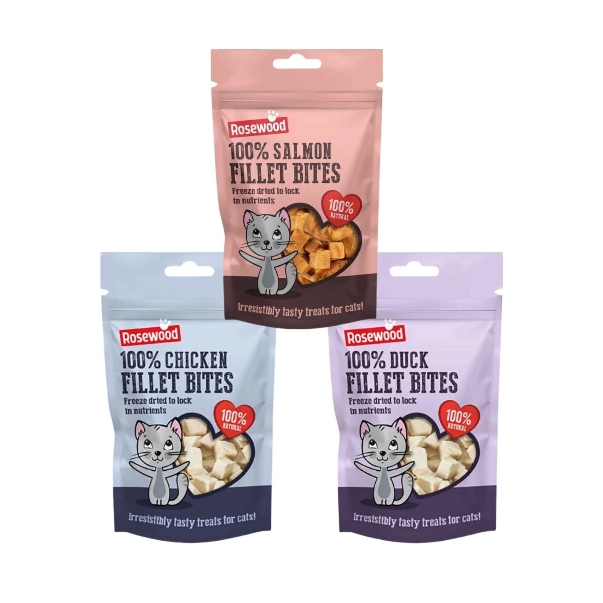 A collection displaying all three Rosewood Freeze-Dried Cat Treat flavours together (Salmon, Chicken, and Duck) arranged in a small pyramid layout.