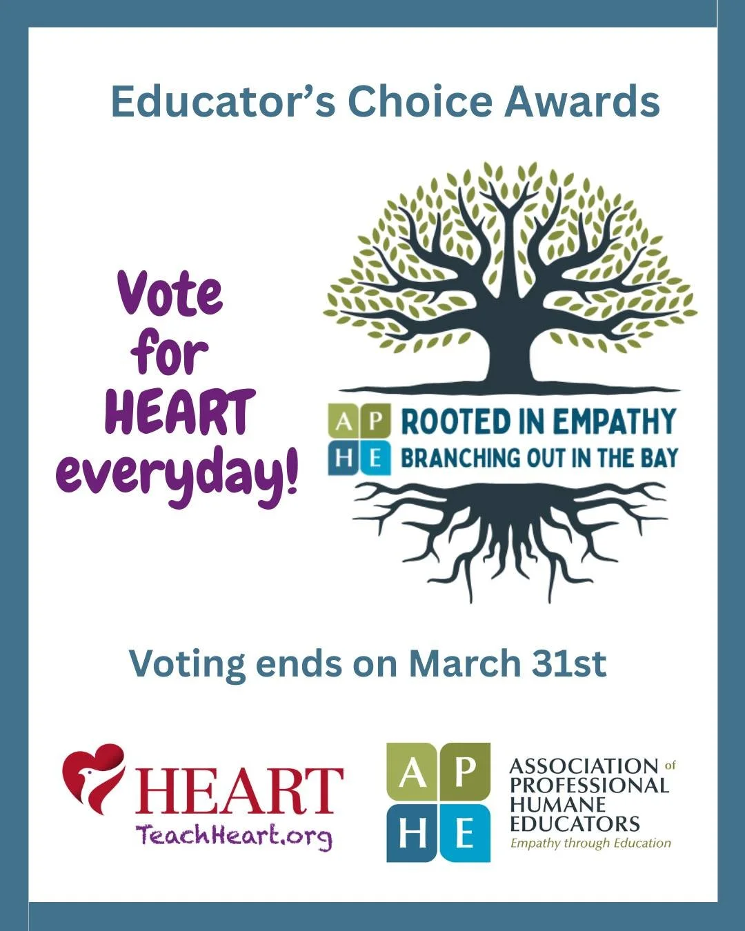 Remember to vote for us  as part of the APHE 2026 Educator&rsquo;s Choice Awards! We&rsquo;re nominated in two categories:
&bull; Best Youth Humane Education Program: Youth Changemaker Clubs
&bull; Best Humane Education Speaker: Kristina Hulvershorn 