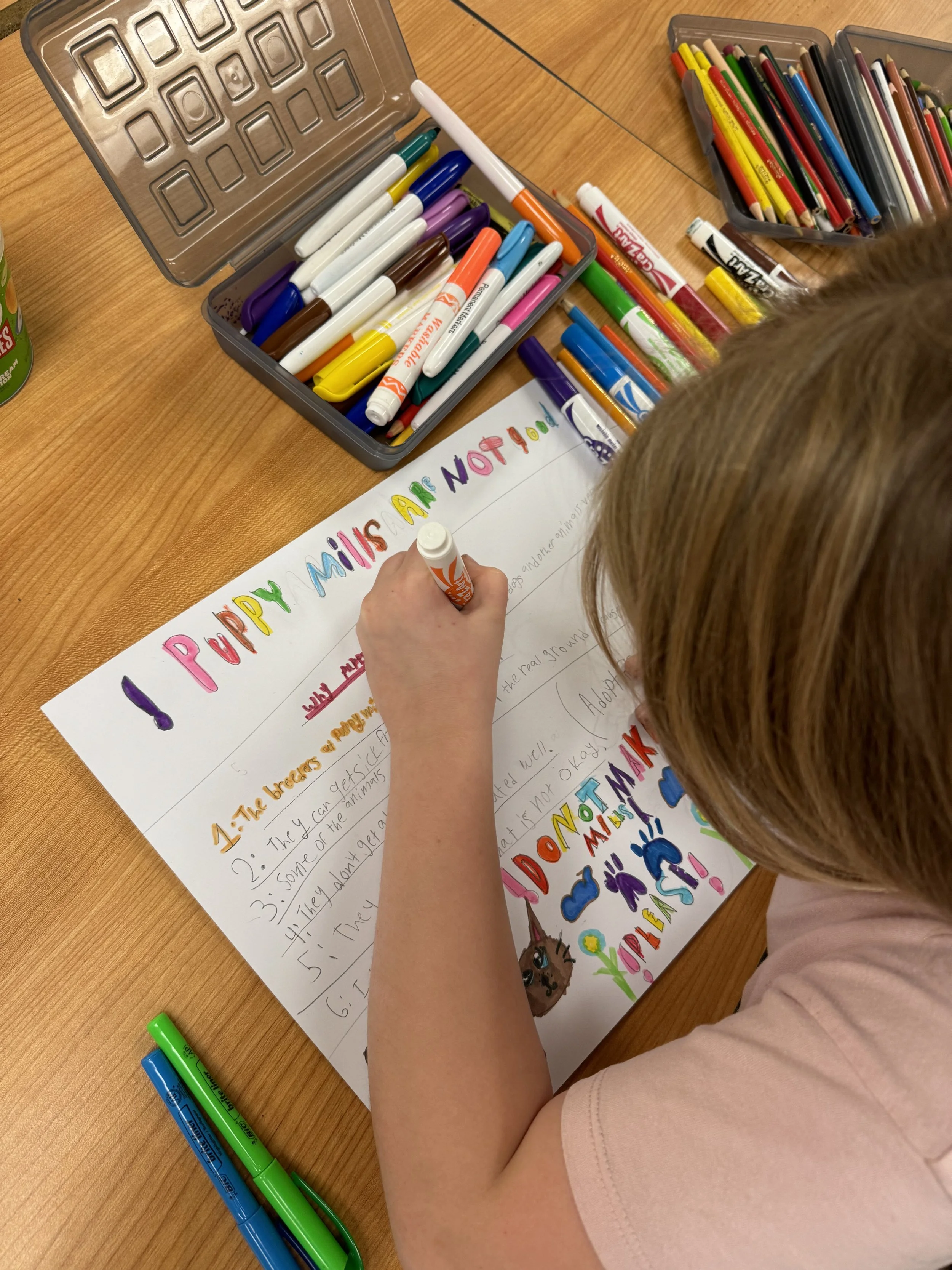 A child is writing and coloring on a large sheet of paper at a wooden table, surrounded by colorful markers and pens. The paper has a handwritten list and colorful titles.