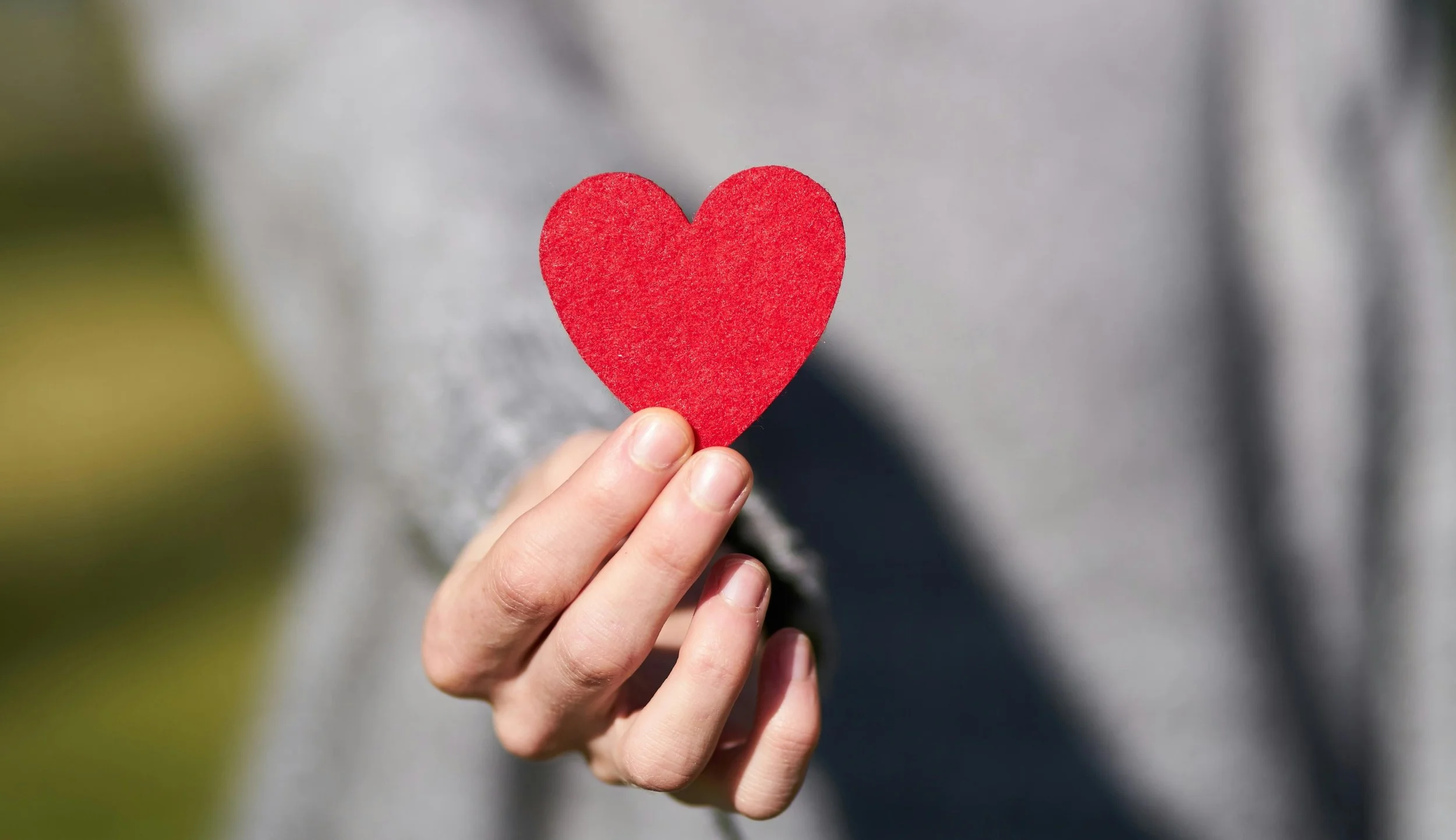 Person holding a red felt heart in front of their chest