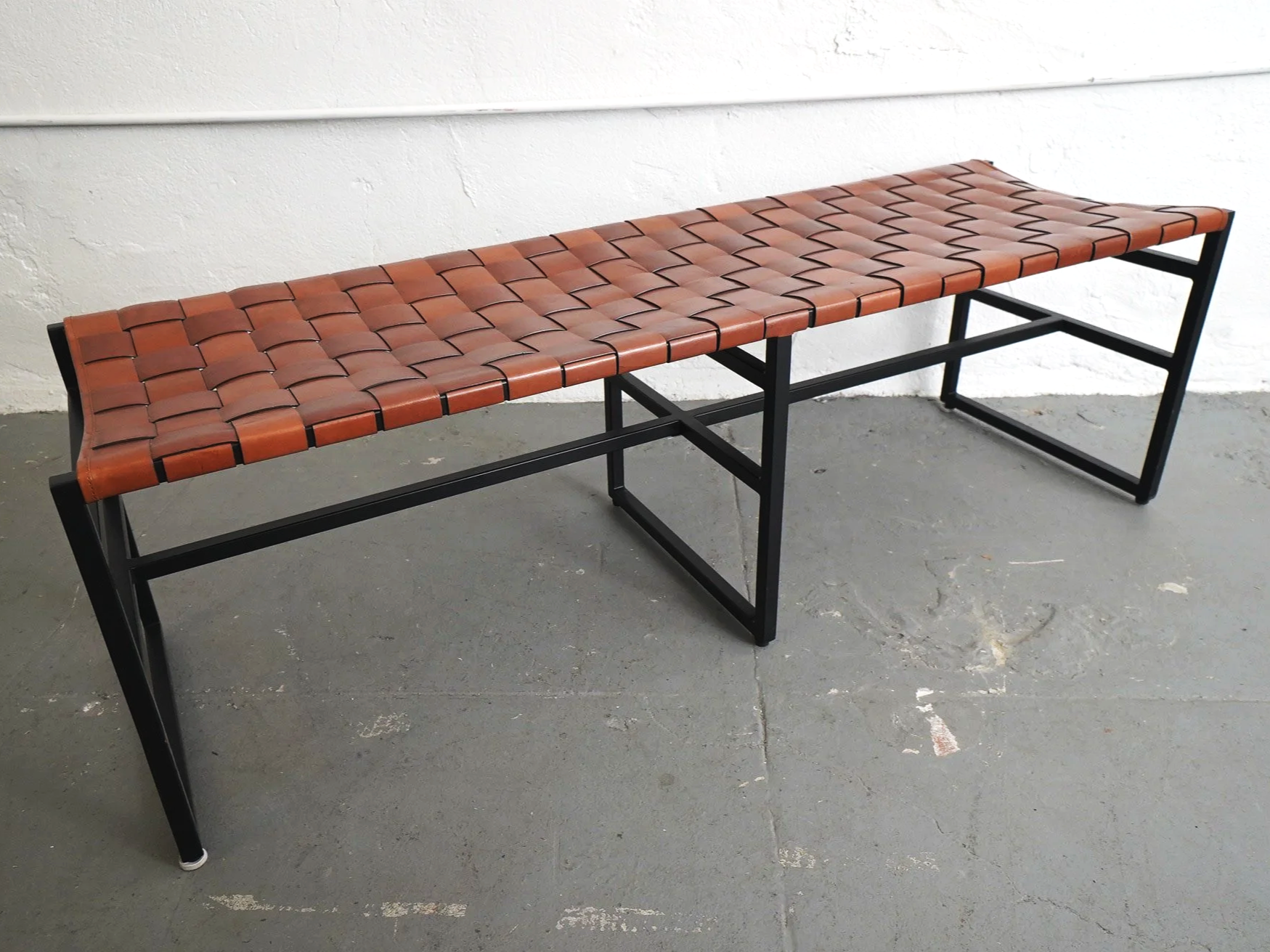 Cognac Leather Woven Bench, $150, H18" x W54" x D17", 2 Total