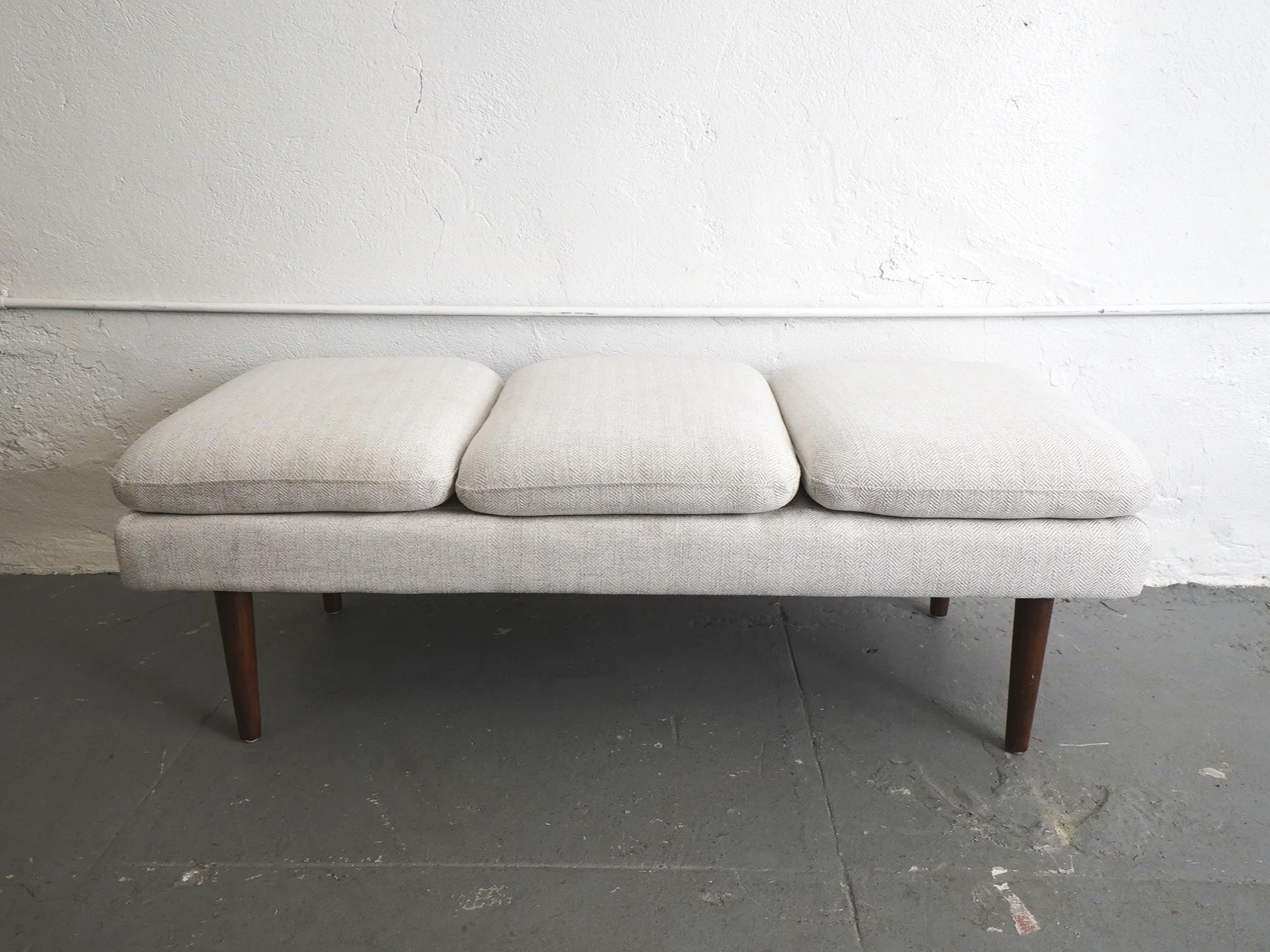 MCM Grey Upholstered Bench, $50, H19" x W53" x D22", 1 Total