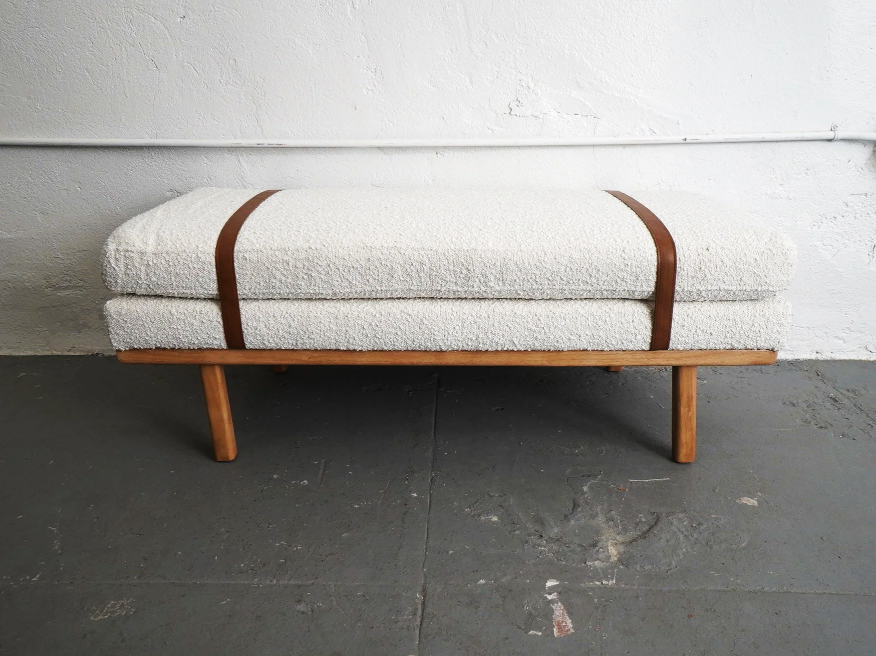 Cream Boucle & Leather Bench, $60, H20" x W48" x D22", 1 Total