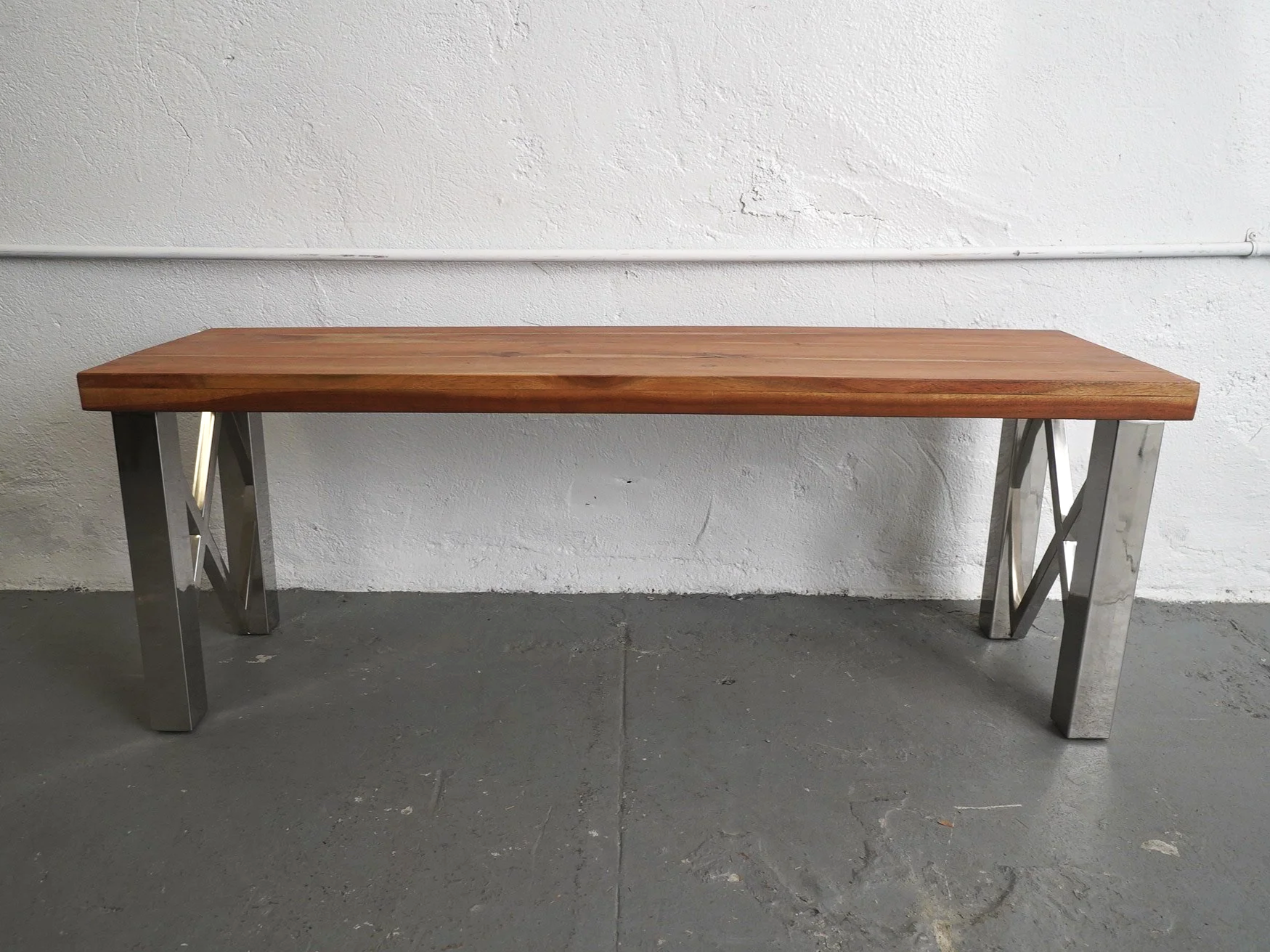 Chrome & Teak X Bench, $100, H18" x W48" x D15", 1 Total
