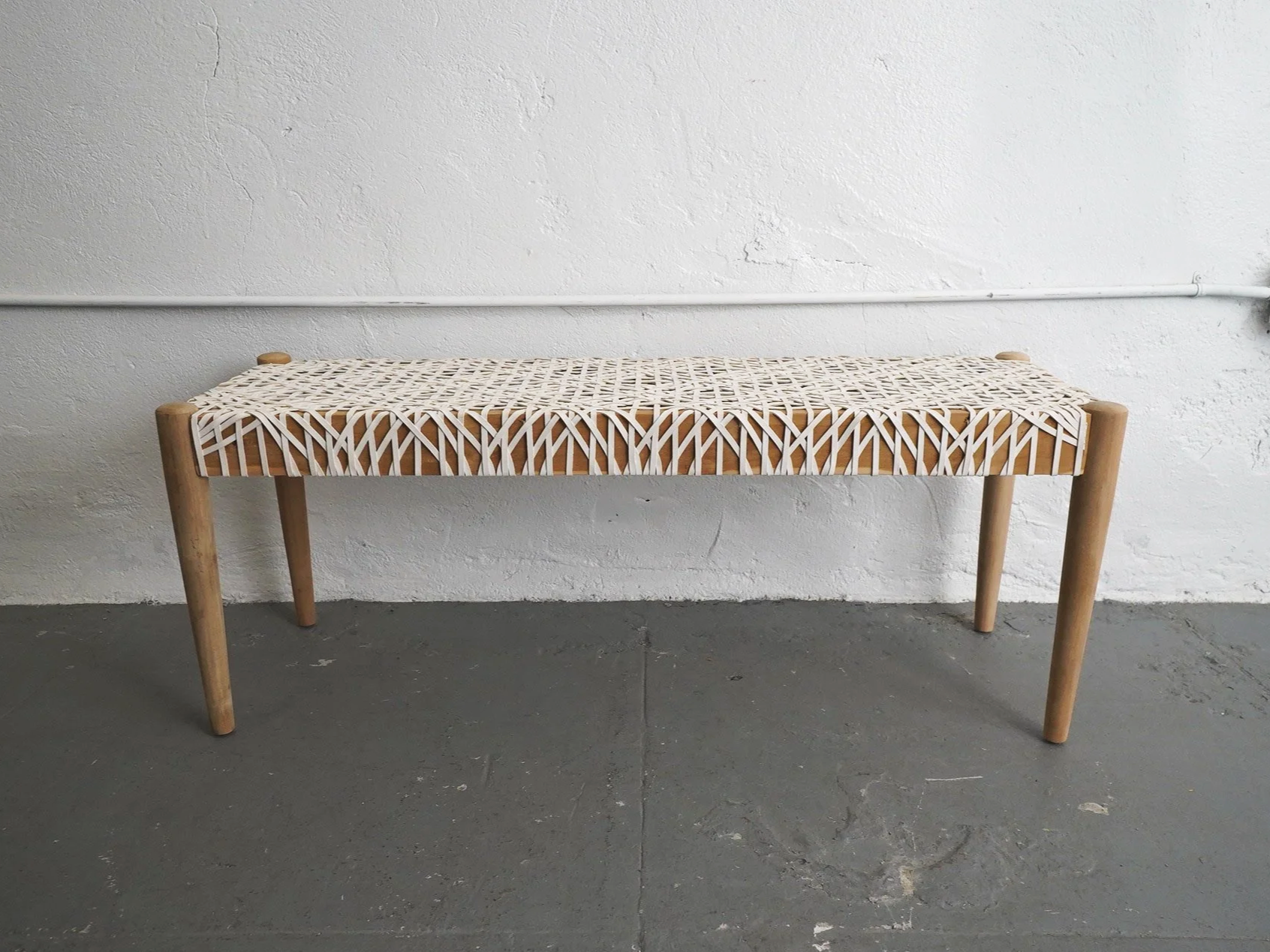 Cream Leather Open-Weave Bench, $75, H19" x W46" x D15", 1 Total