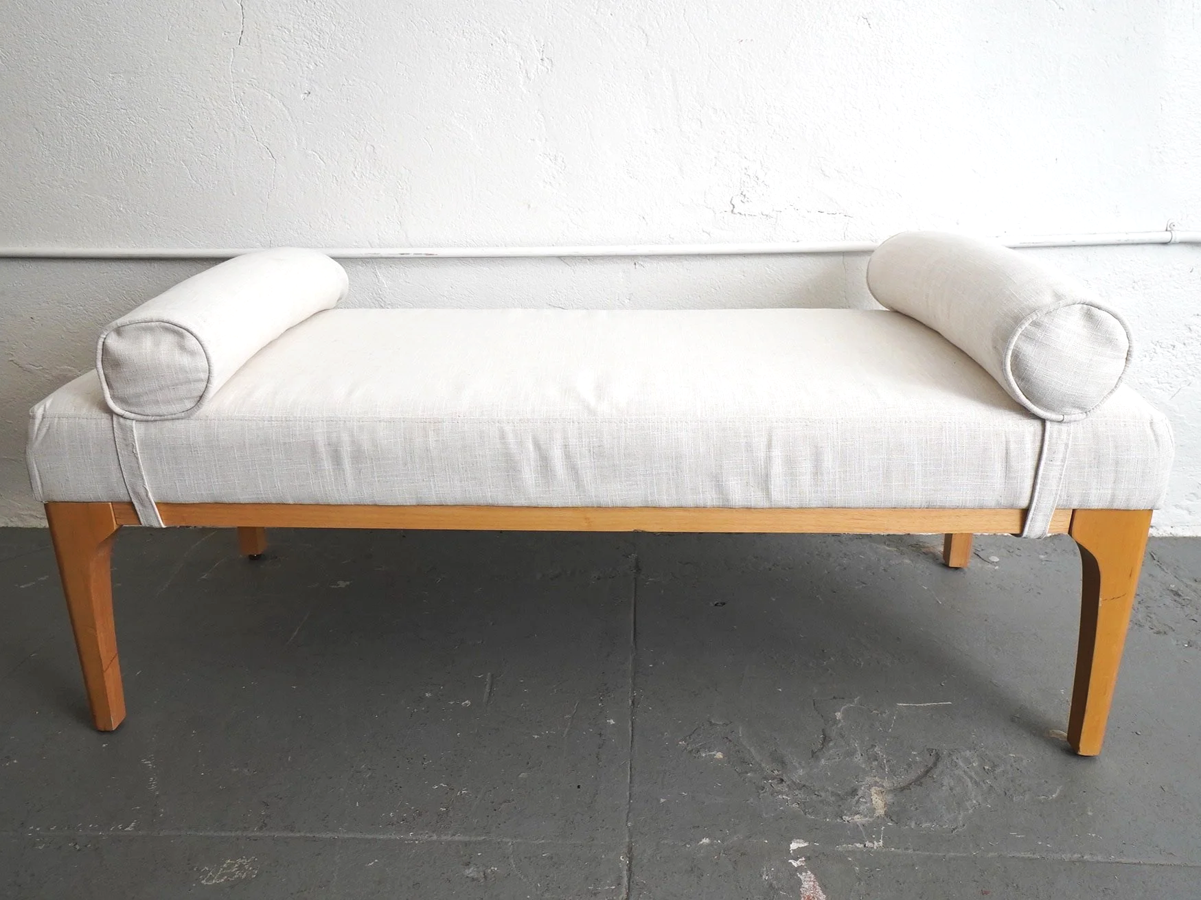 White Linen Bench with Bolsters, $70, H24" x W52" x D22", 1 Total