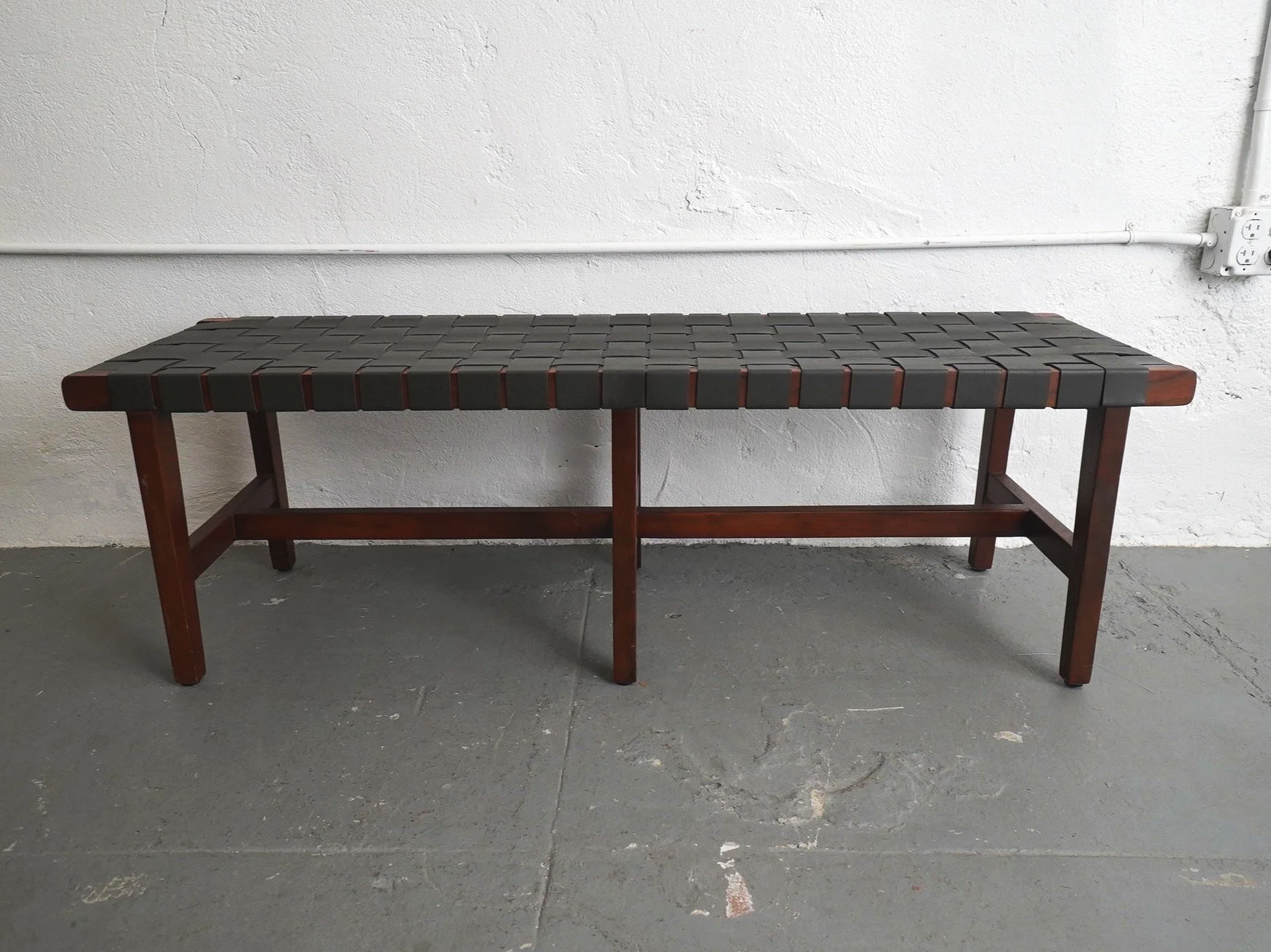 Black Leather & Mahogany Woven Bench, $195, H18" x W55" x D17", 1 Total