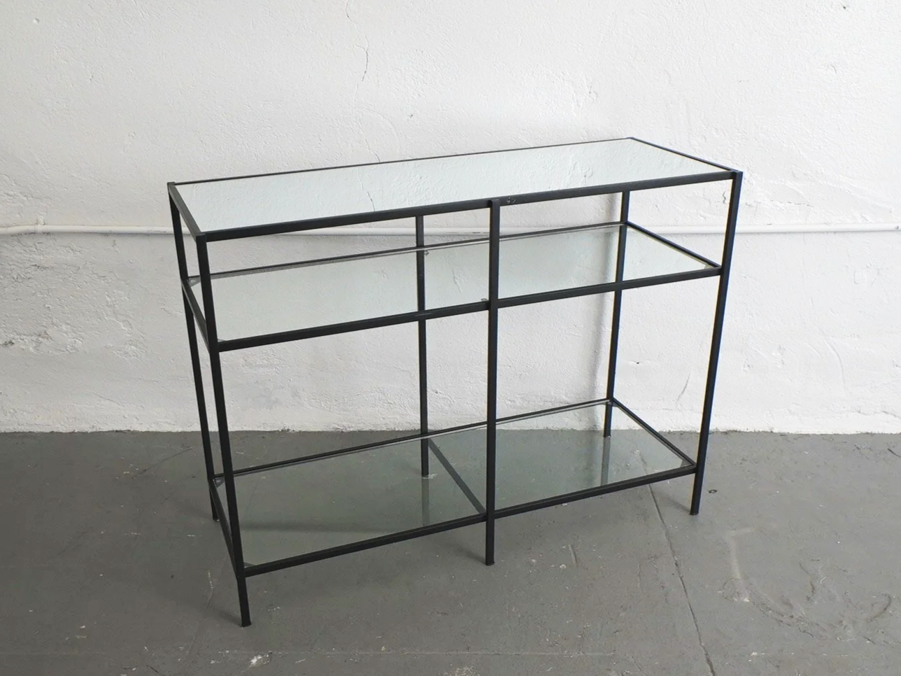 Black Metal & Glass 3-Tier Console Table, $50, H30" x W40" x D15", 2 Total