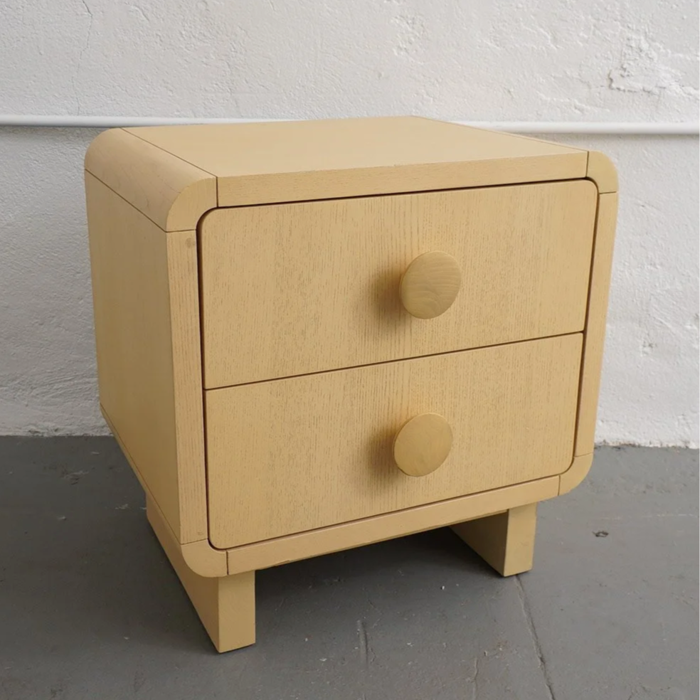 ROUNDED BLONDE WOOD NIGHTSTAND, $55, H22" X W20" X D16", 1 TOTAL