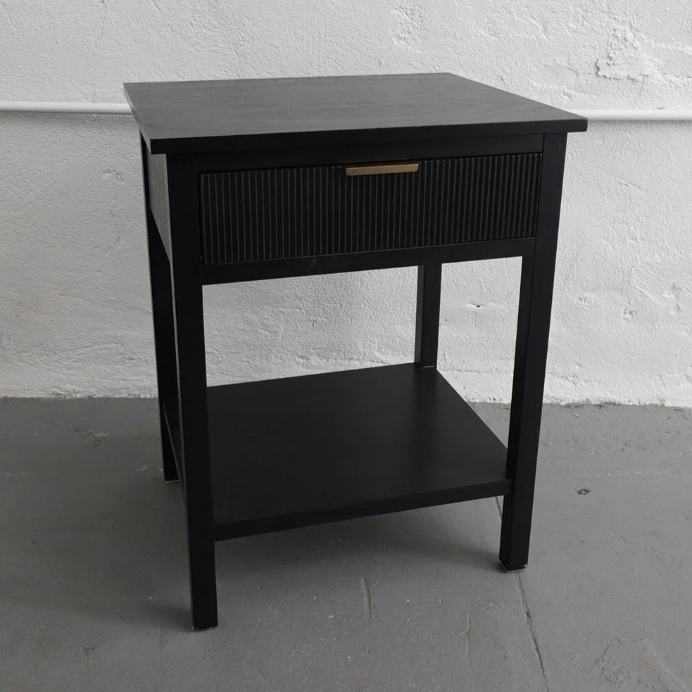 BLACK METAL NIGHTSTAND, $50, H24" X W15.5" X D15.5", 1 TOTAL
